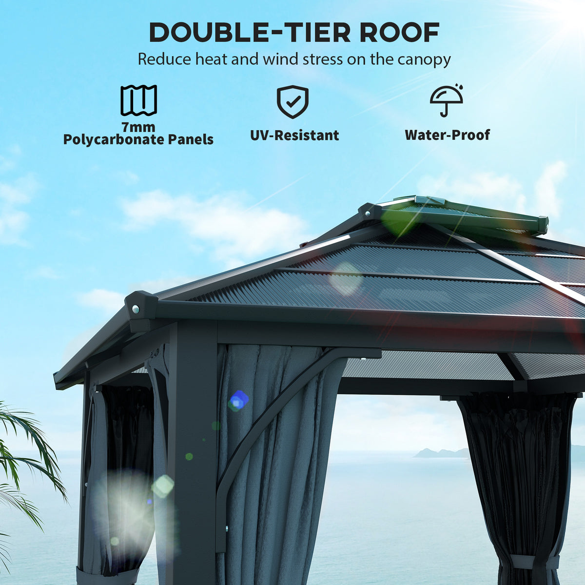 3 x 3m Hardtop Gazebo Canopy with 7mm Double Polycarbonate Roof, Mosquito Netting & Curtains - Dark Grey