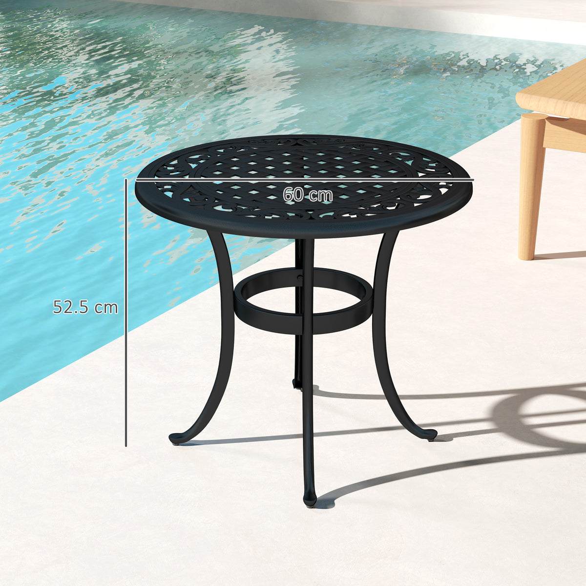 60cm Round Outdoor Garden Side Table with Hollow Top Cast Aluminium Frame - Black