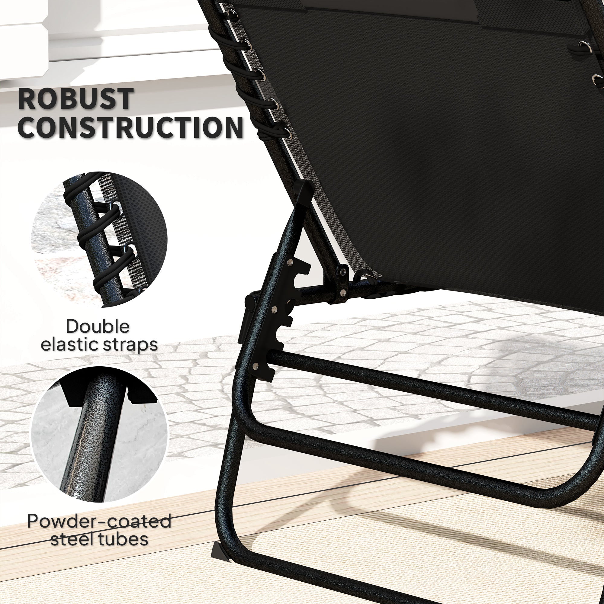Set of 2 Folding Recliner Sun Loungers with Quick Drying Pad & Side Pocket - Black