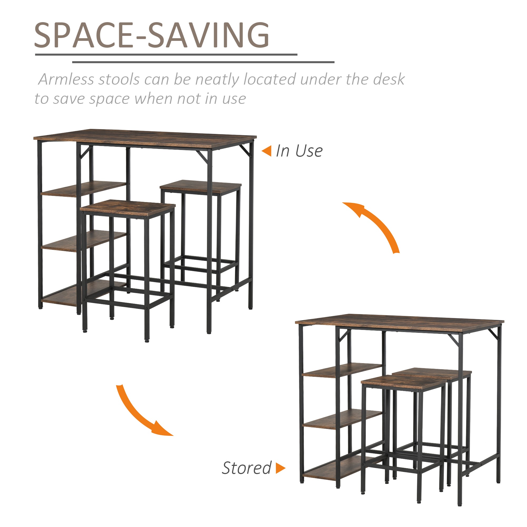 Industrial Bar Height Dining Table Set With 2 Stools & Side Shelf, 3 Pieces Coffee Table for Dining Room, Kitchen, Dinette