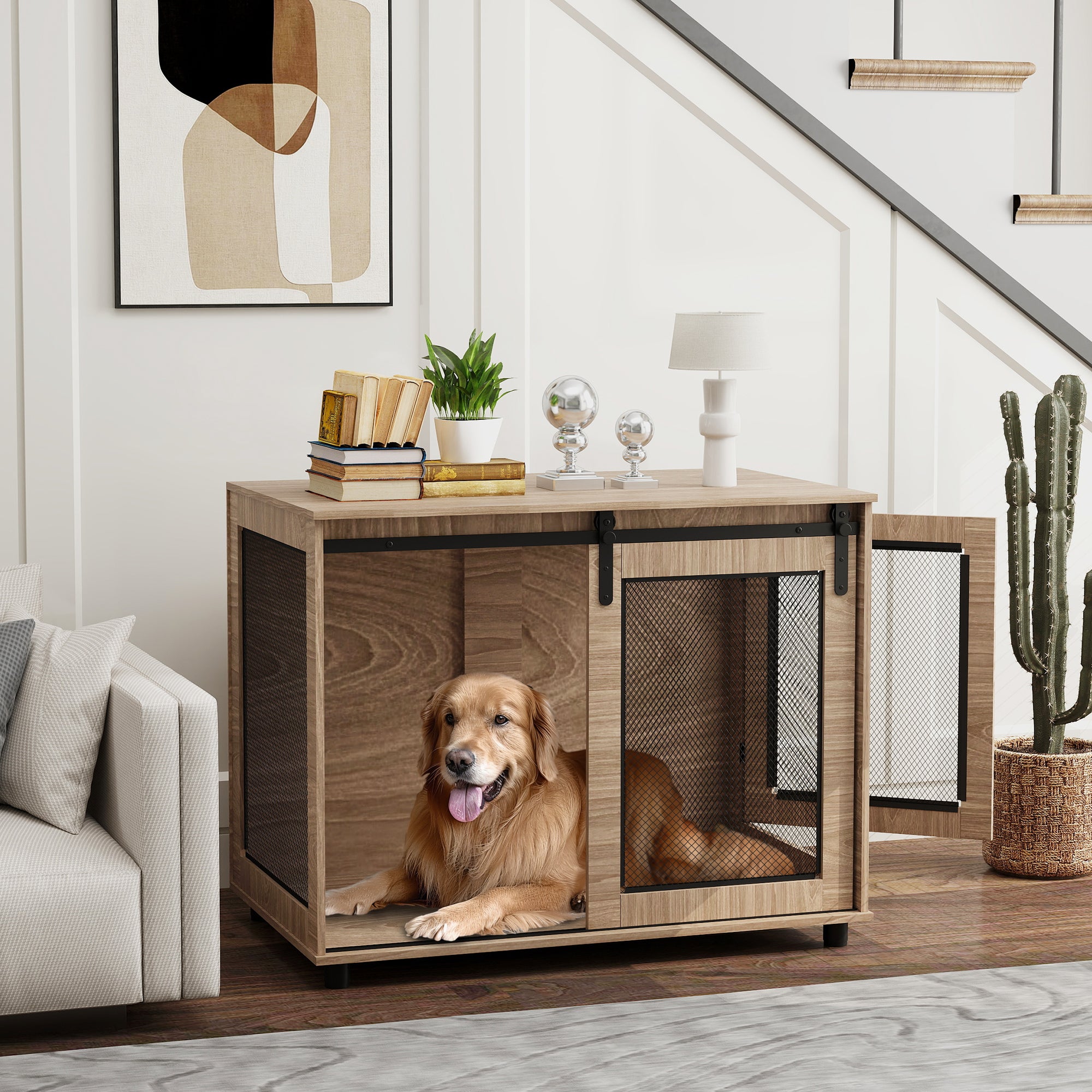 Dog Crate Furniture with Sliding Door for Large Dogs, 98 x 60 x 78cm, Walnut Brown