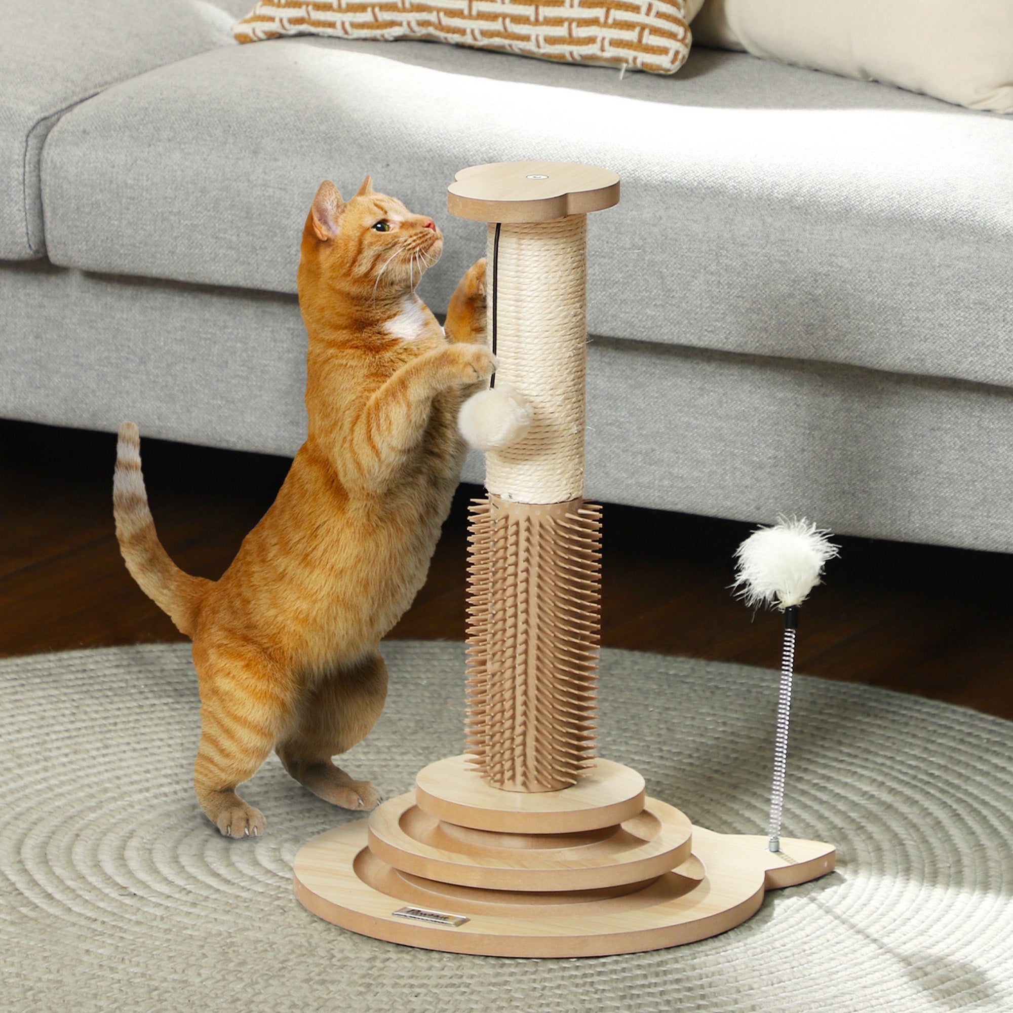 49cm 5 in 1 Cat Scratching Post with Sisal Post, Track Ball, Self Grooming Brush, Hanging Toy Ball, Feather, Oak Tone