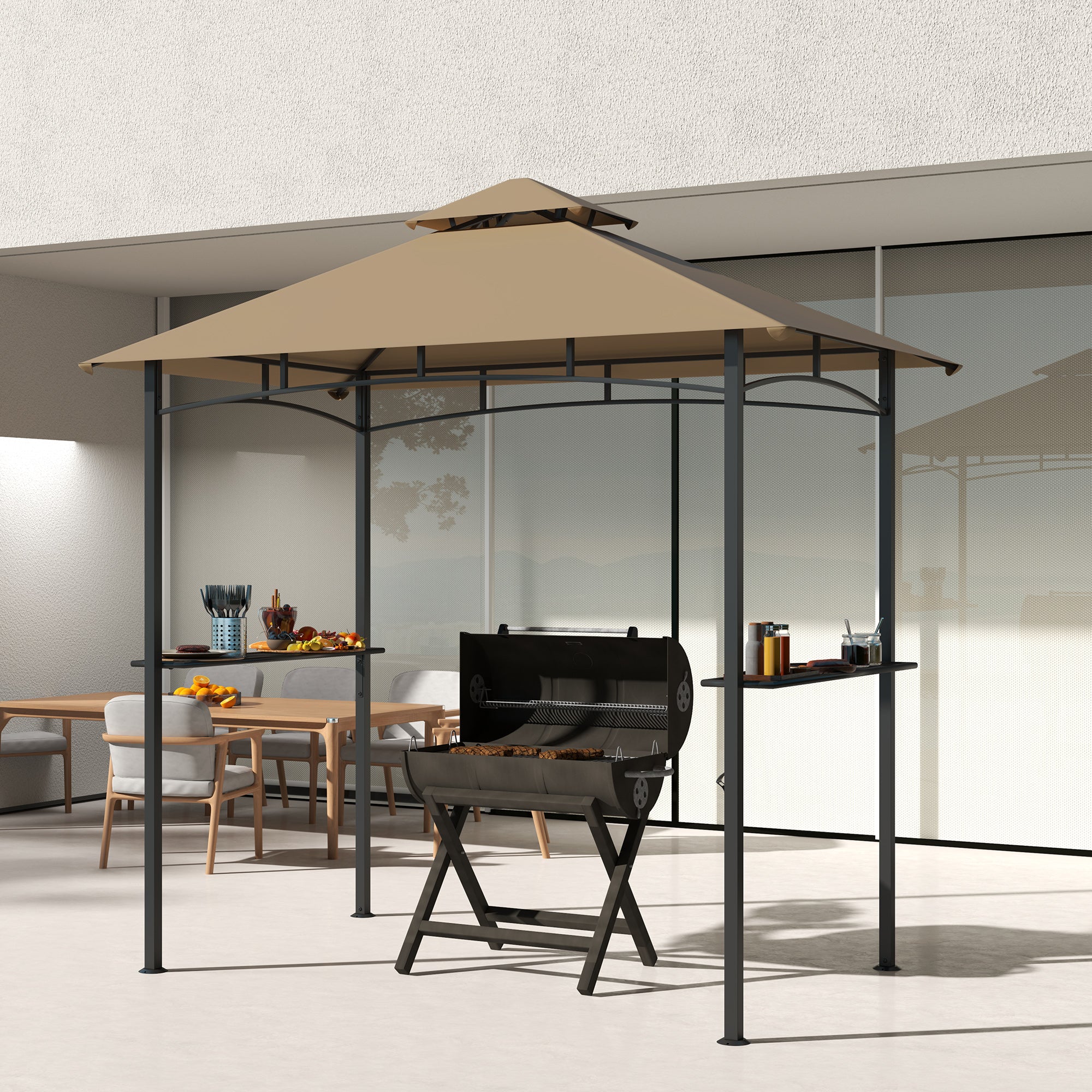 2.5 Metre Double Tiered BBQ Gazebo with Side Shelves - Khaki