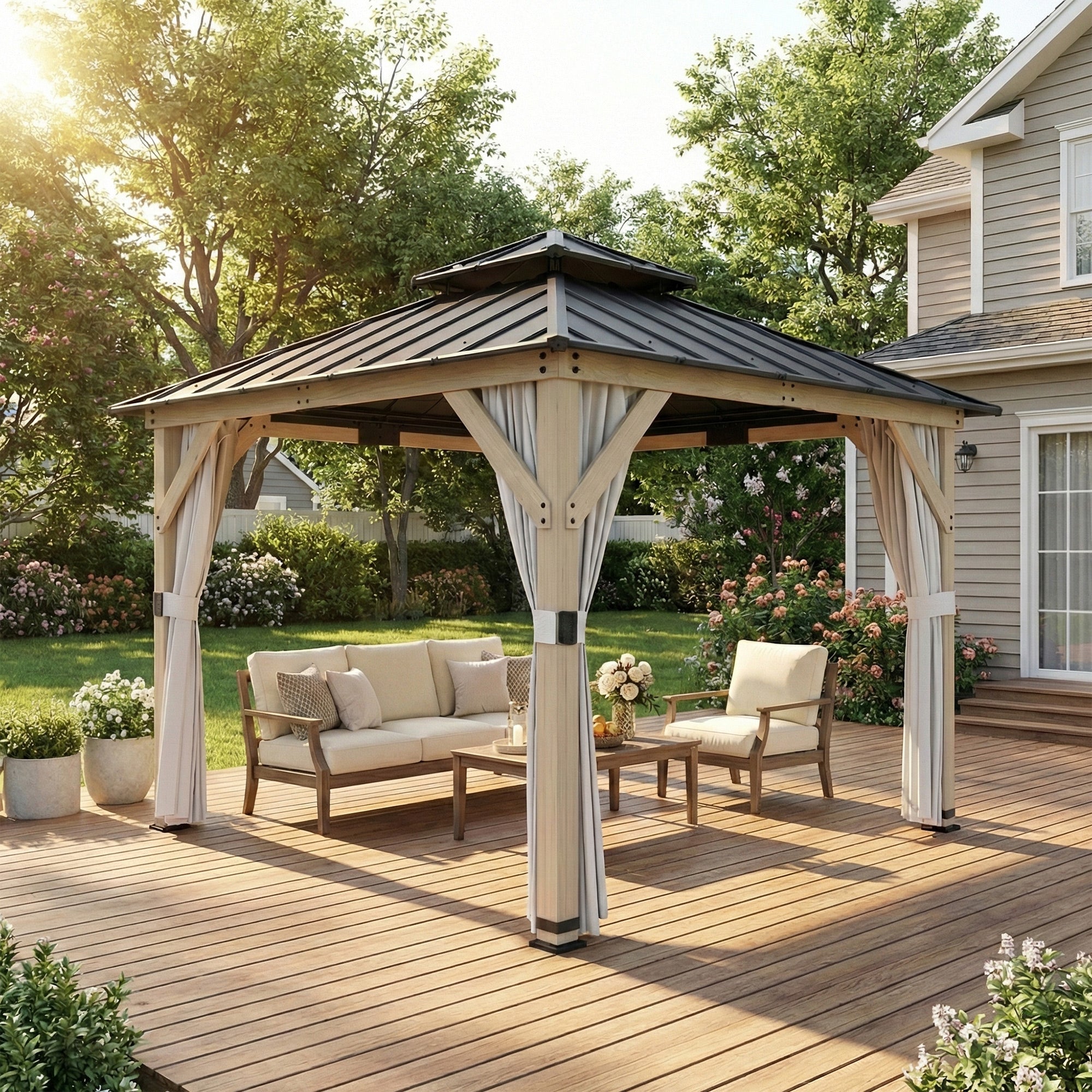3 x 3 m Outdoor Hardtop Gazebo Canopy with 2-Tier Steel Roof, Wood Garden Gazebo with Curtains, Light Grey