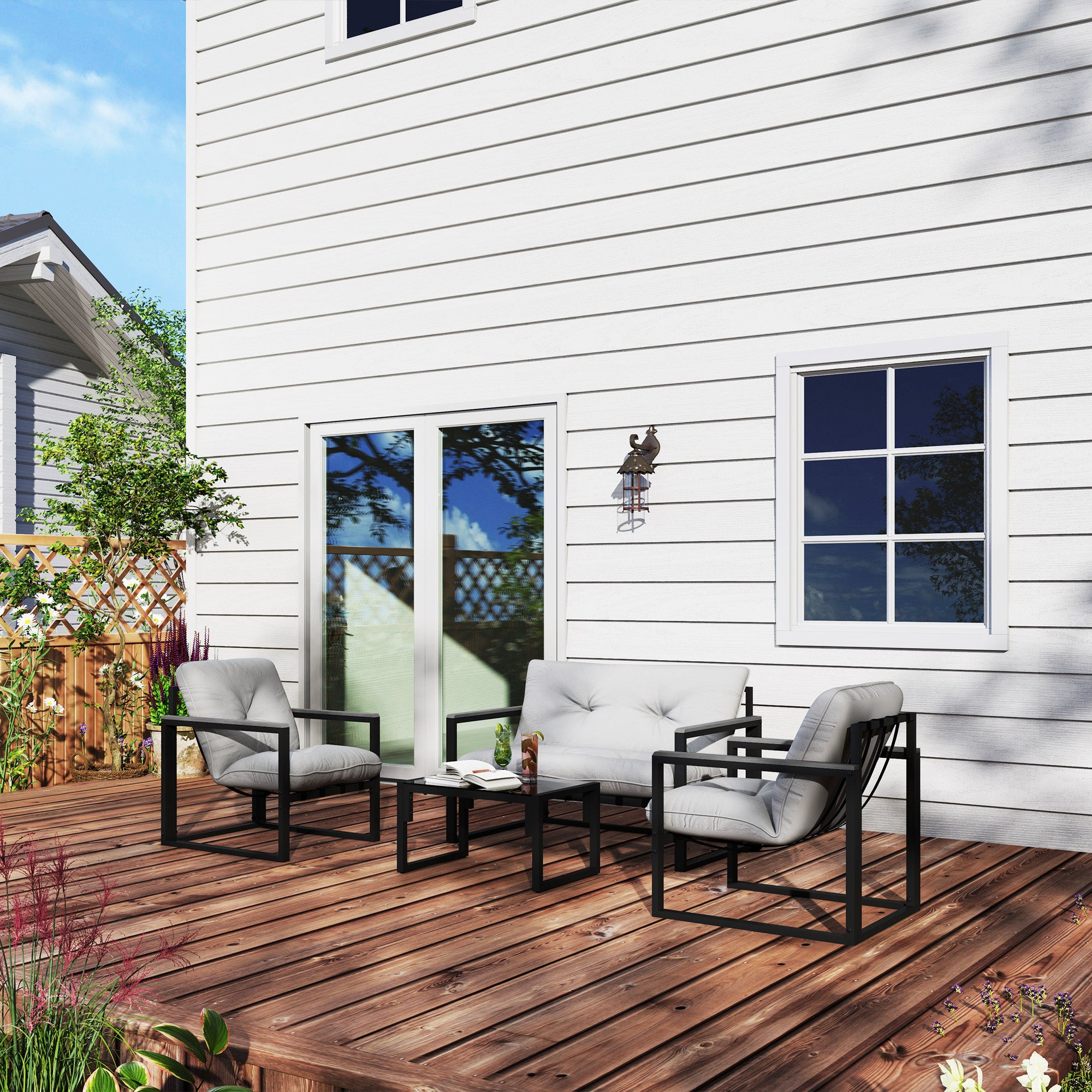 4-Piece Garden Furniture Set with Loveseat, Armchairs & Glass Coffee Table - Dark Grey