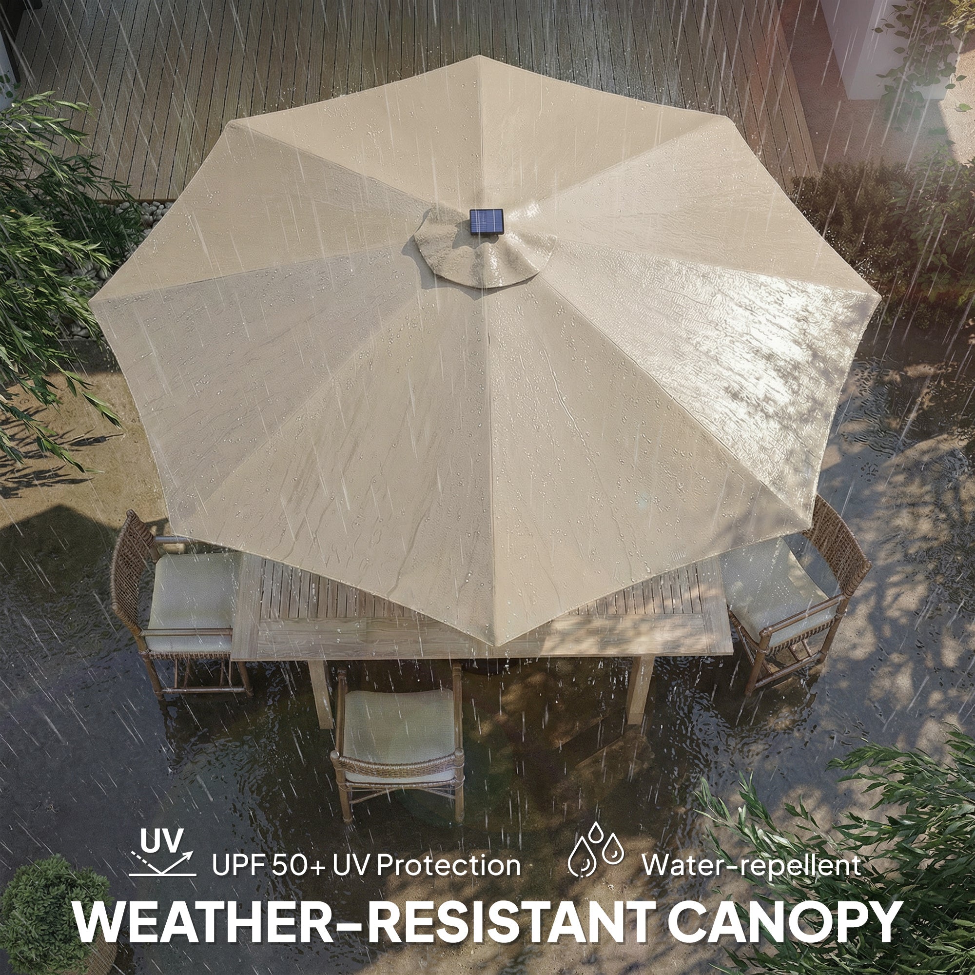 3 m Garden Parasol Umbrella with 112 Solar Powered LED Lights, Patio Umbrella with Crank Handle, Beige