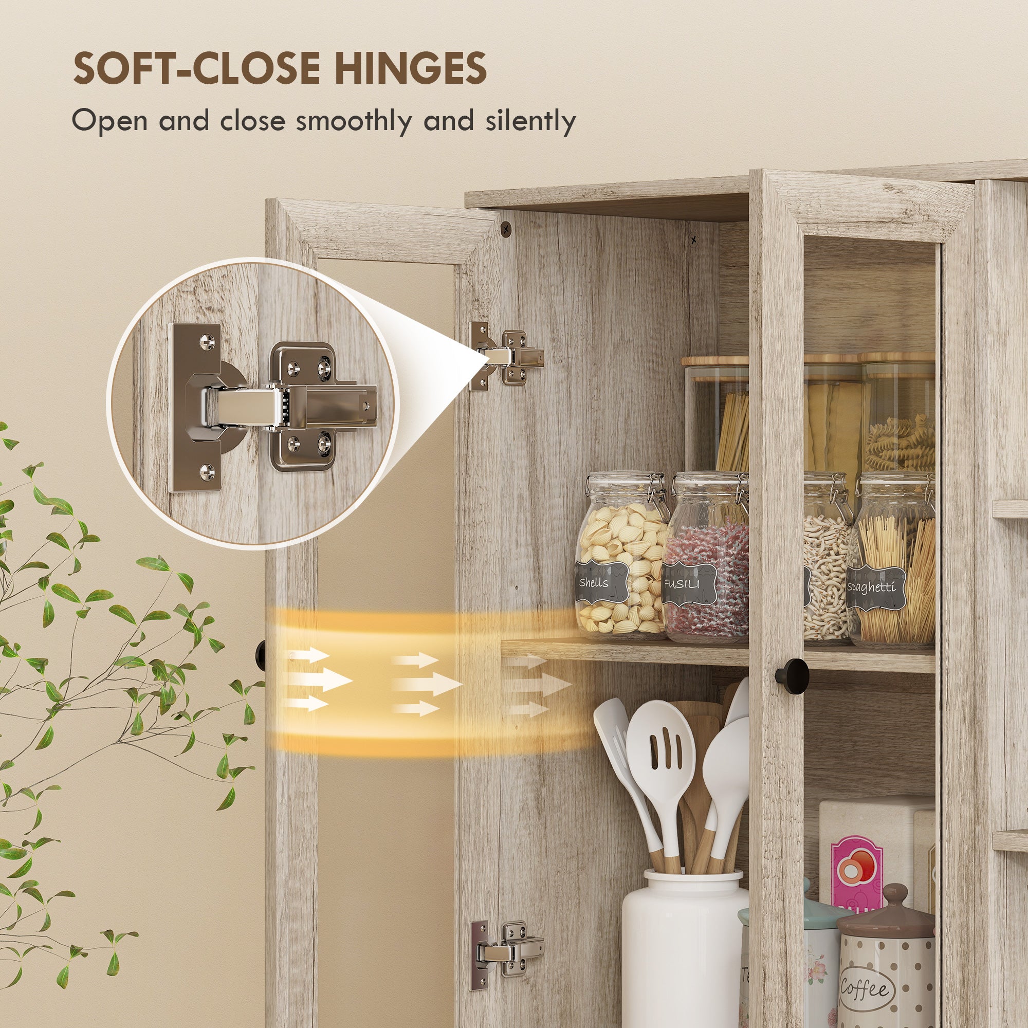 Multi-Storage Kitchen Cabinet, with Glass Doors - Grey Wood-Effect