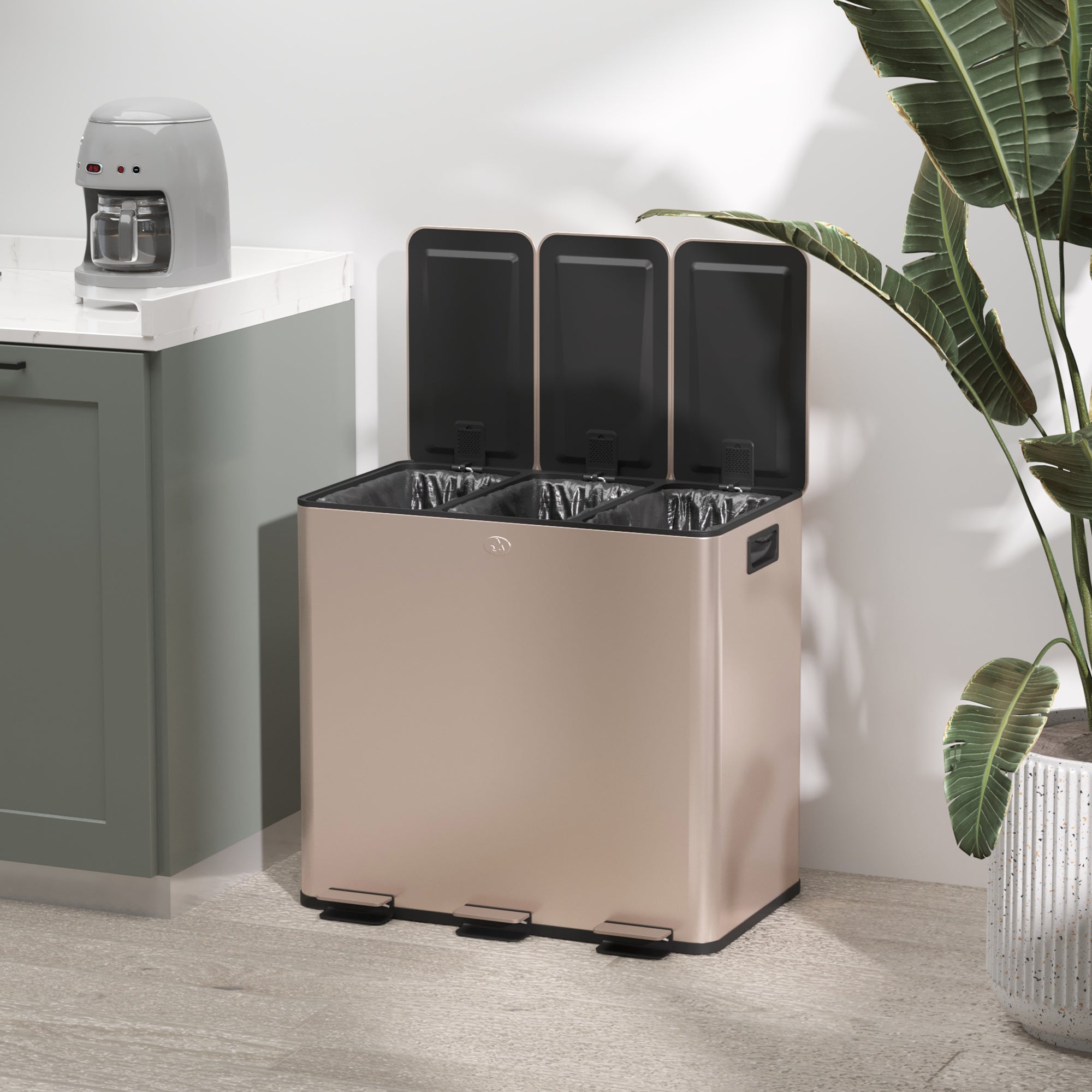 45L Triple Compartment Stainless Steel Bin, with Deodoriser Holders - Gold Tone