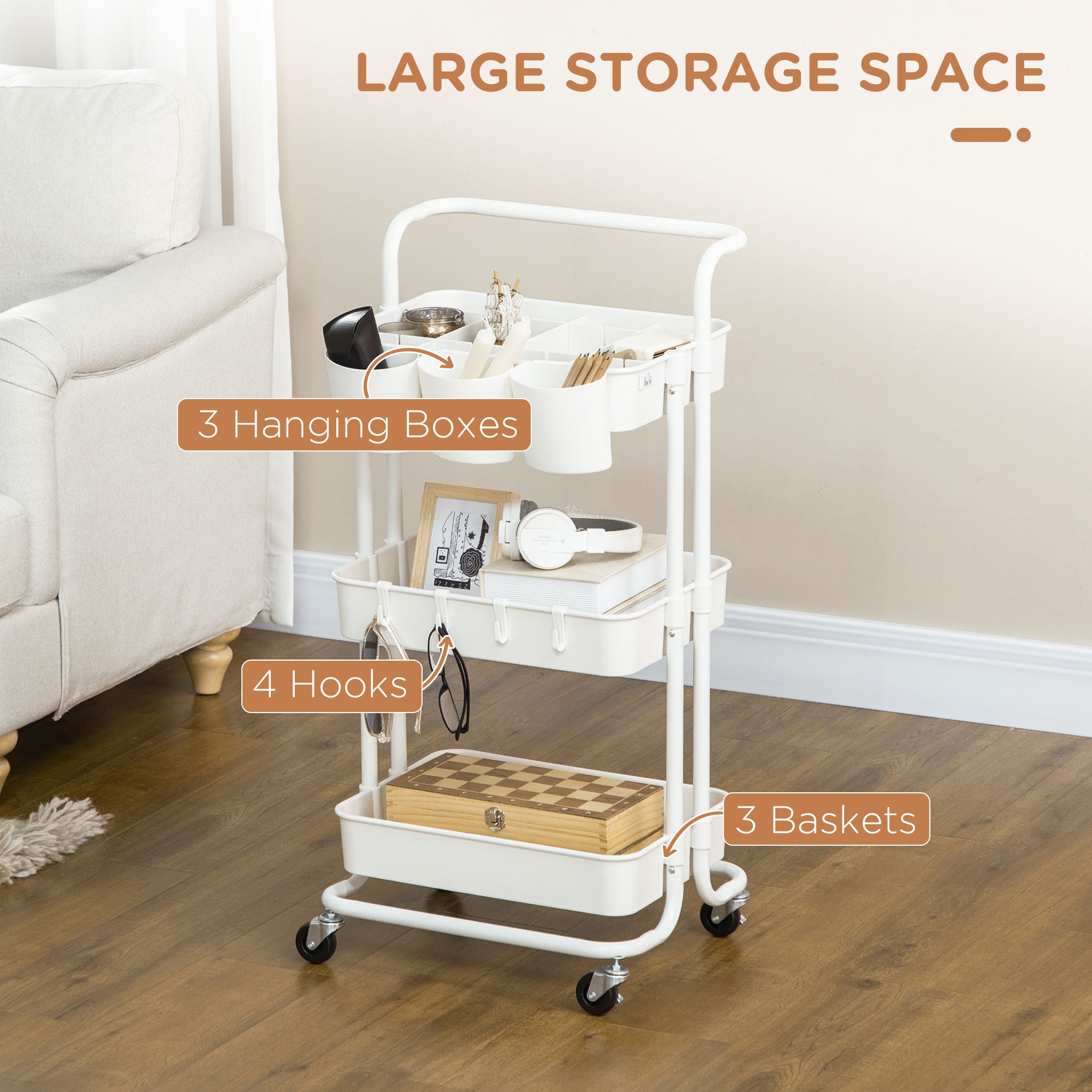 Three-Tier Home Trolley, with Handle and Wheels - White