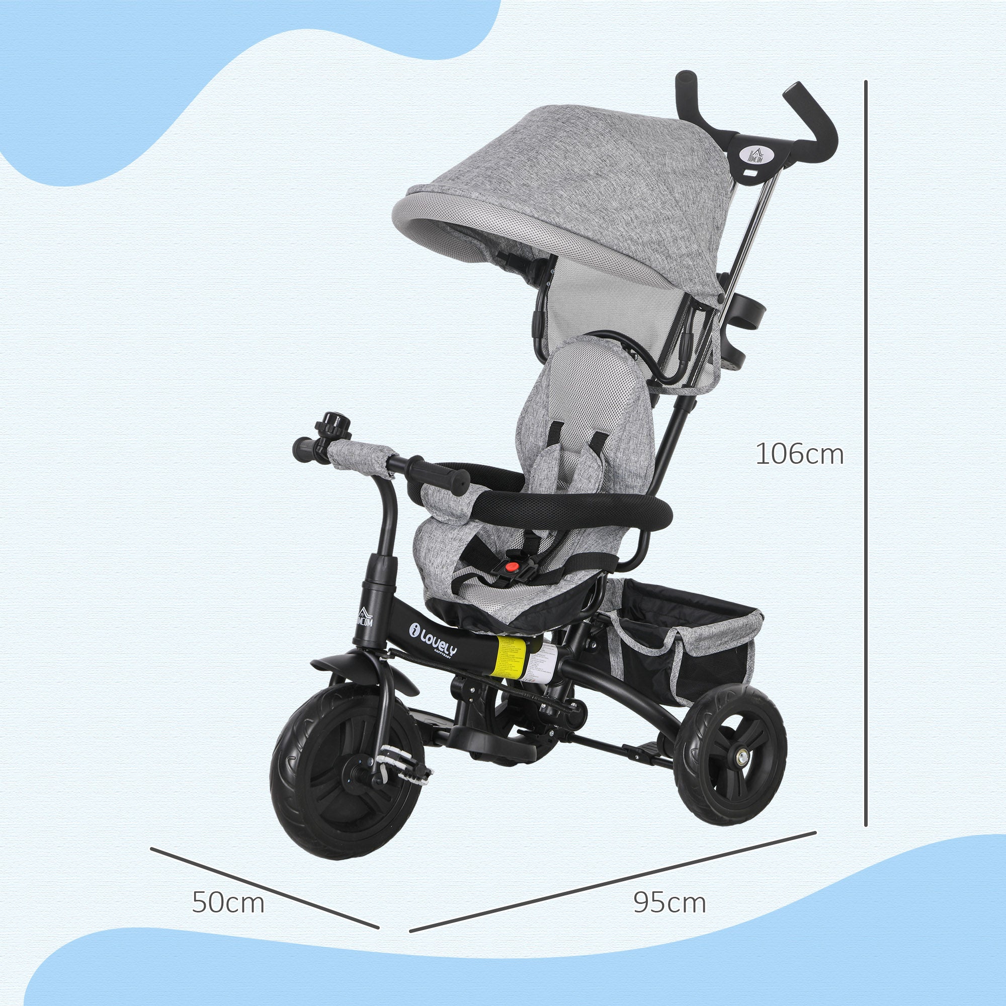 6 in 1 Kids Trike Push Bike w/ Push Handle, Canopy, 5-point Safety Belt, Storage, Footrest, Brake, for 1-5 Years, Grey