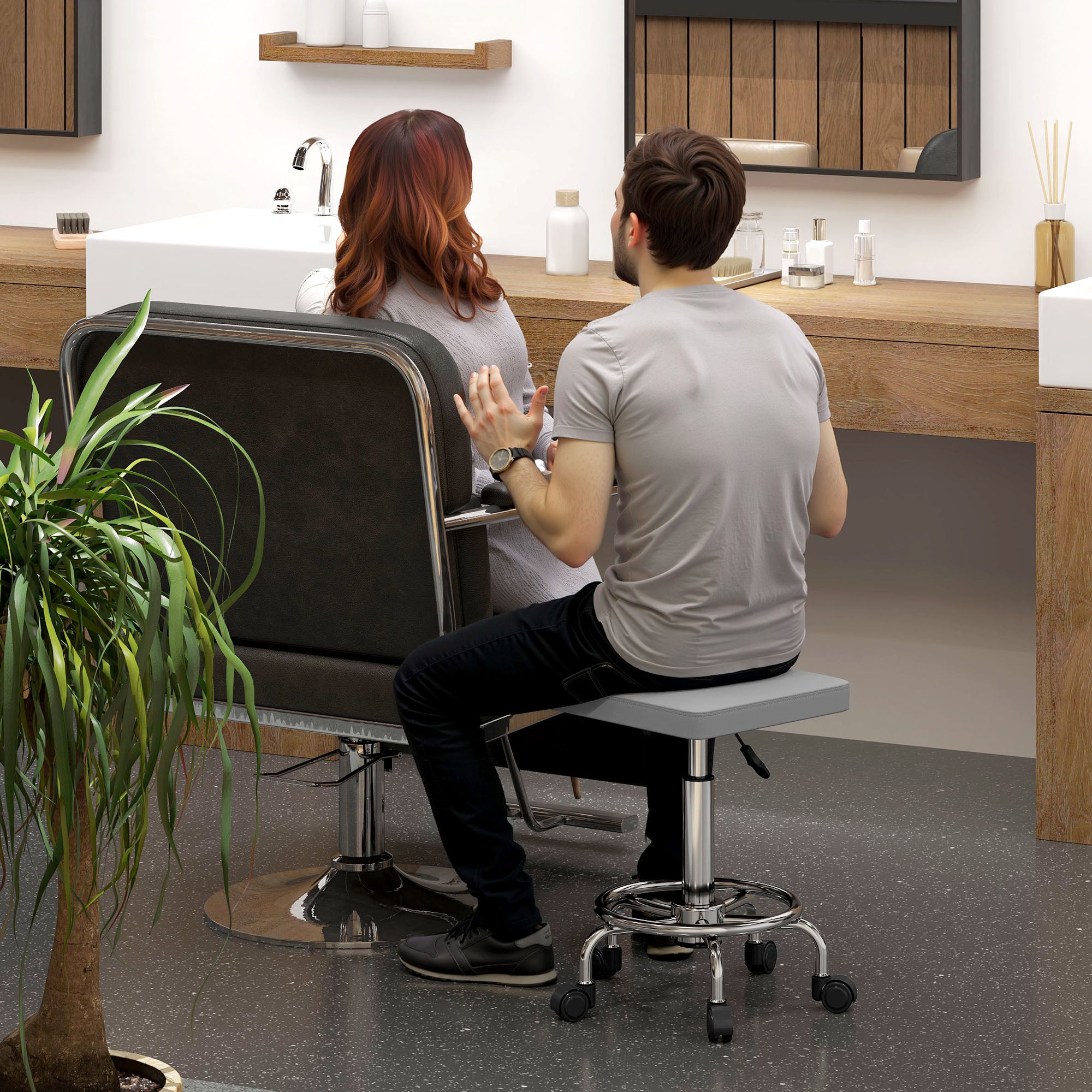Adjustable PU Leather Rolling Stool with Footrest and Wheels - Grey