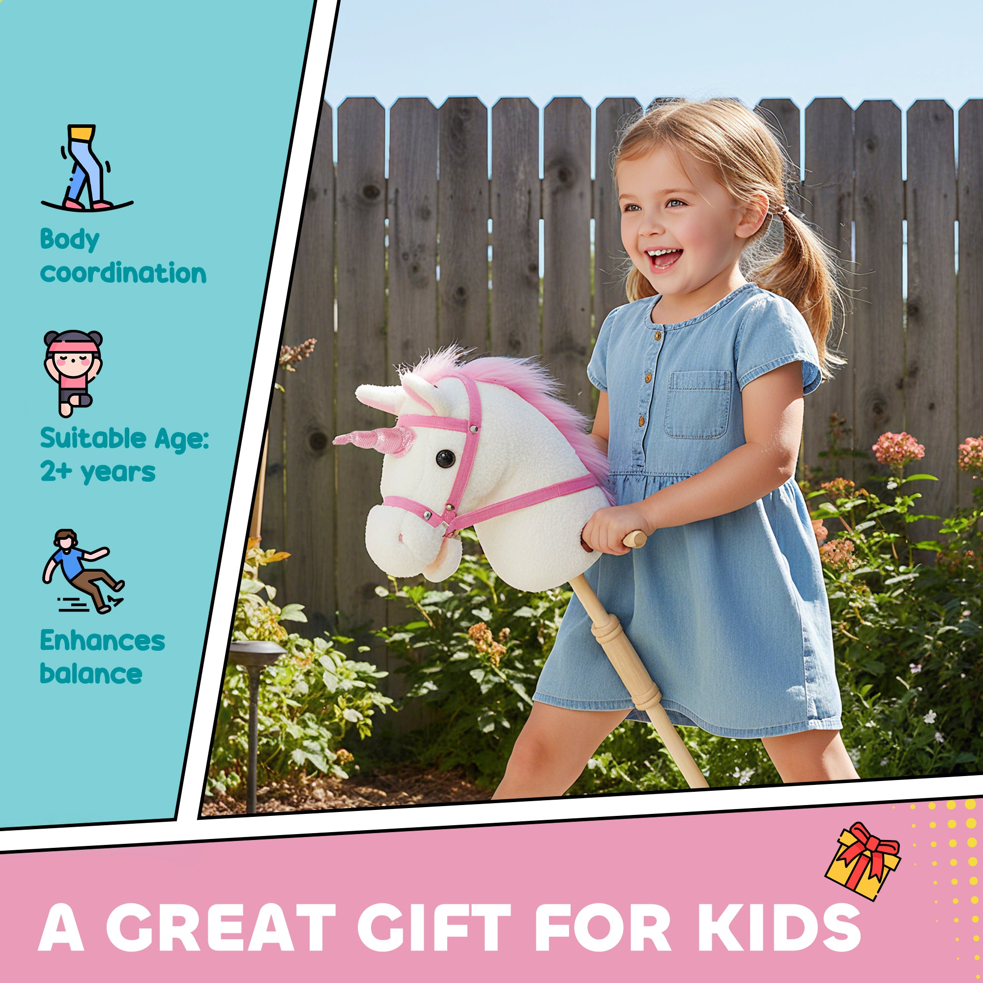 Unicorn Stick Horse with Wood Wheels, Real Pony Neighing and Galloping Sounds, Grip Handle, 95 cm, White