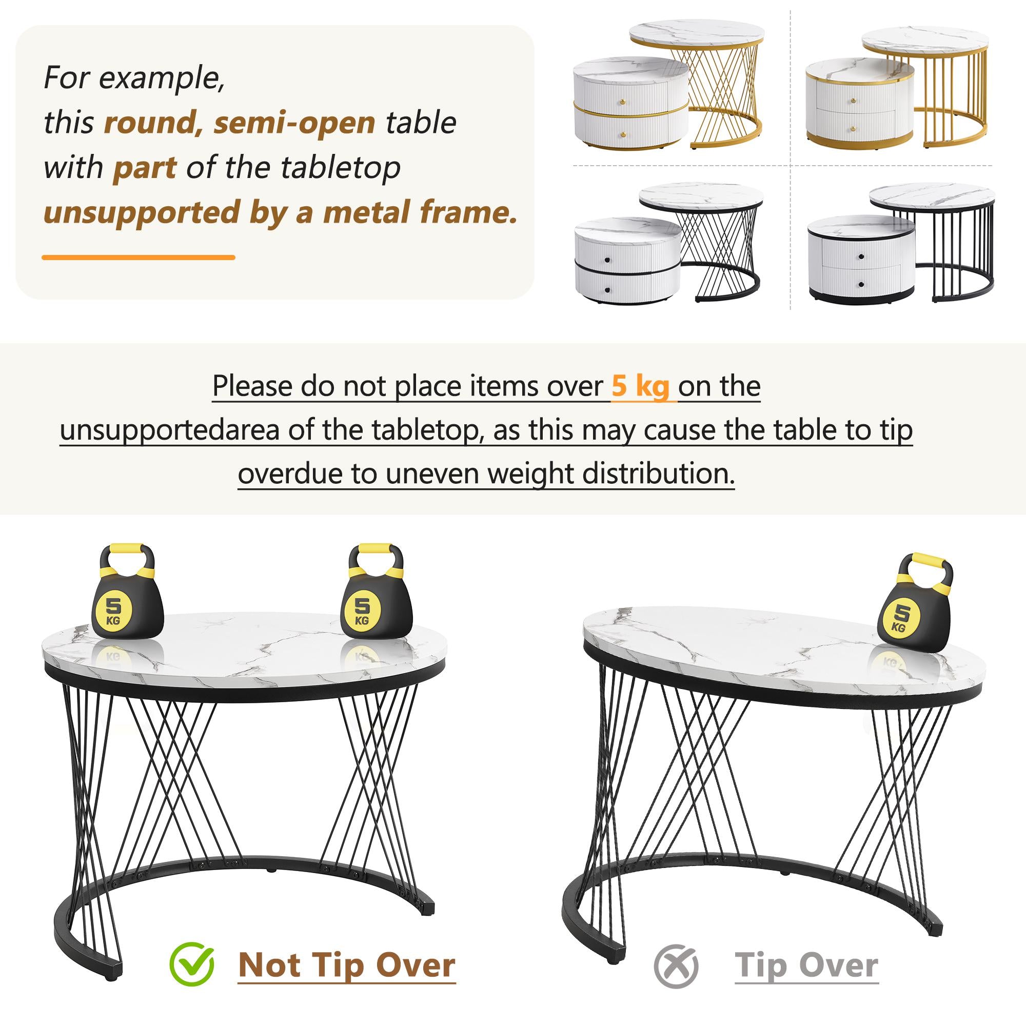 2 Piece High Gloss Round Nesting Coffee Table Set with Marble Top, Living Room Centre Tables with Storage Drawers, Gold+White