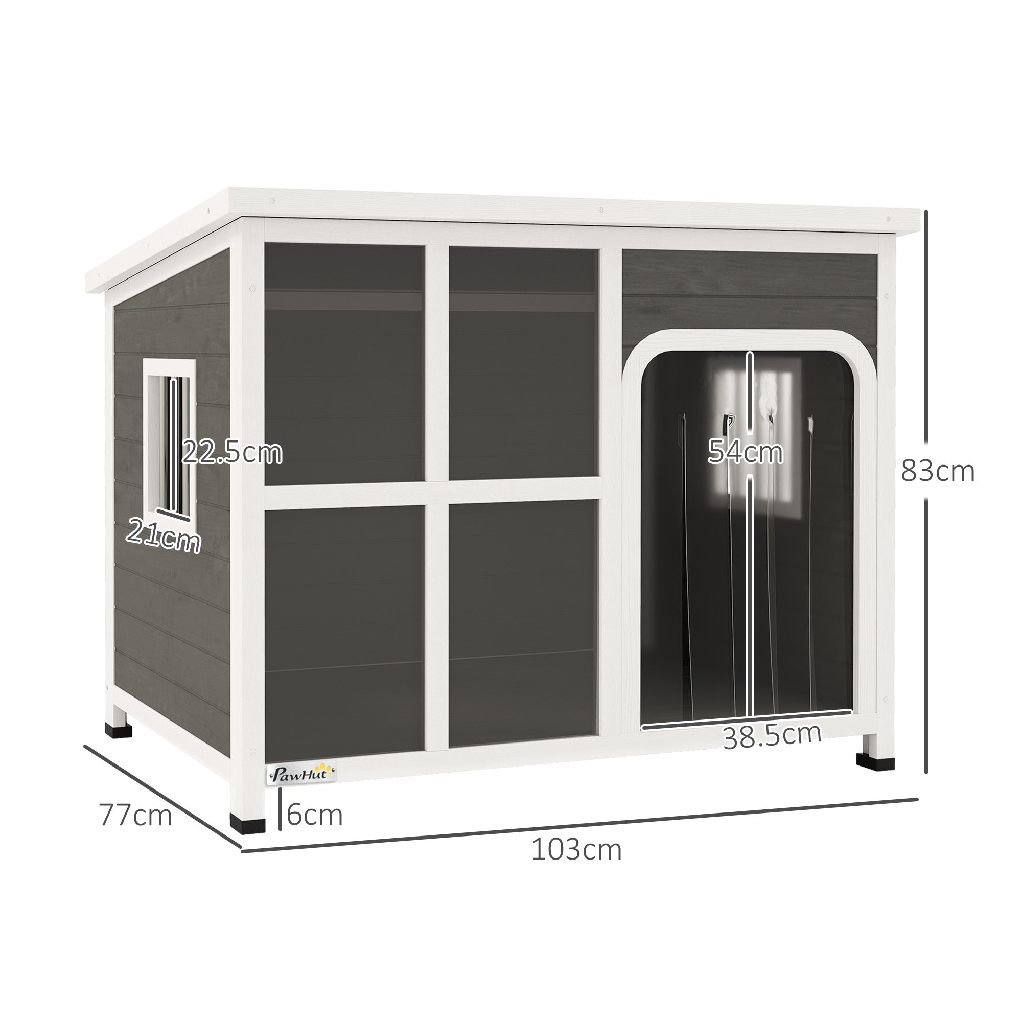 Wooden Dog House Outdoor with Asphalt Openable Top, Removable Floor, Clear Front Panel, Curtain, 103 x 77 x 83cm