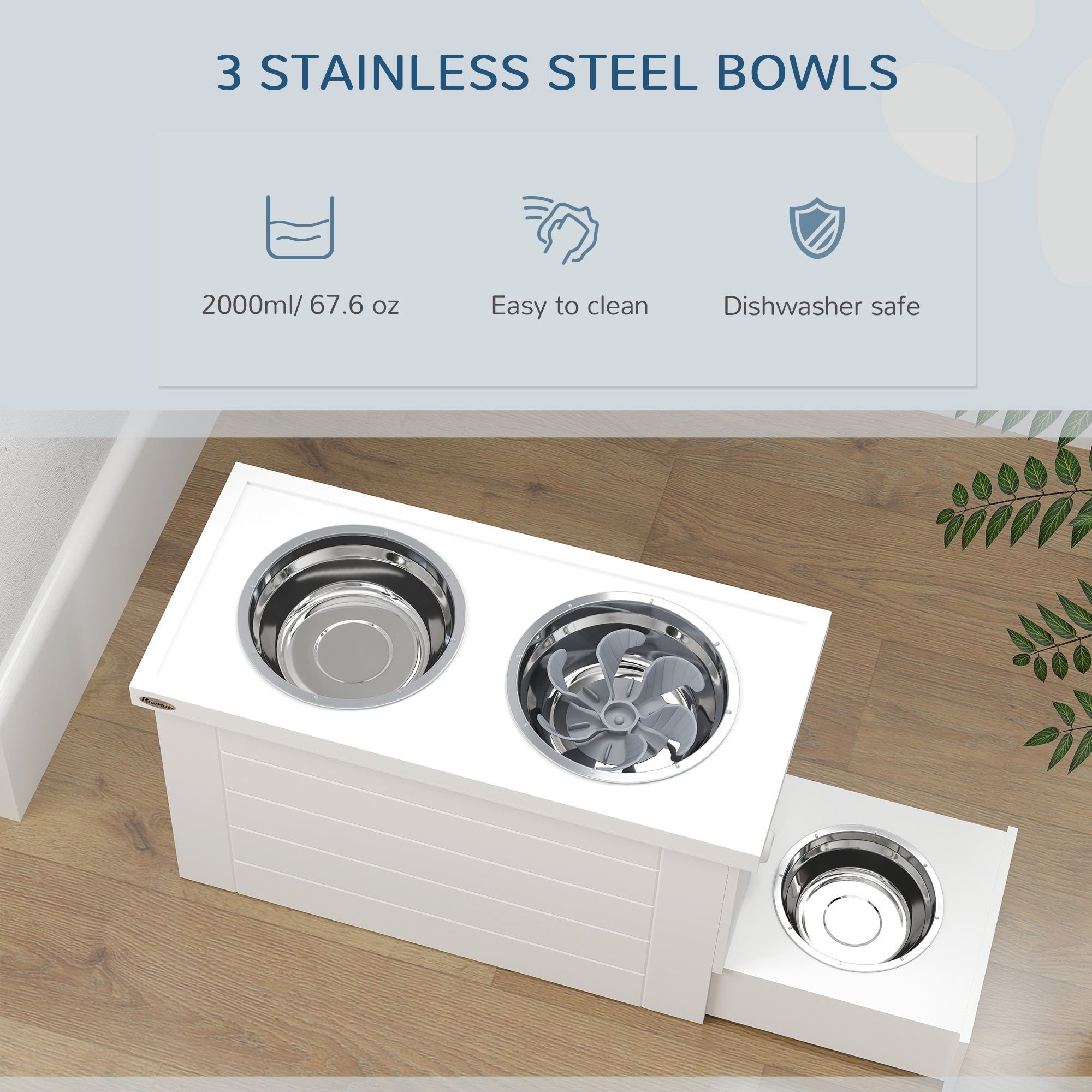 Raised Dog Bowls w/ Slow Feeder Mat, Storage Cabinet, 3 Stainless Steel Bowls, Semi-Auto Dispenser Function, White