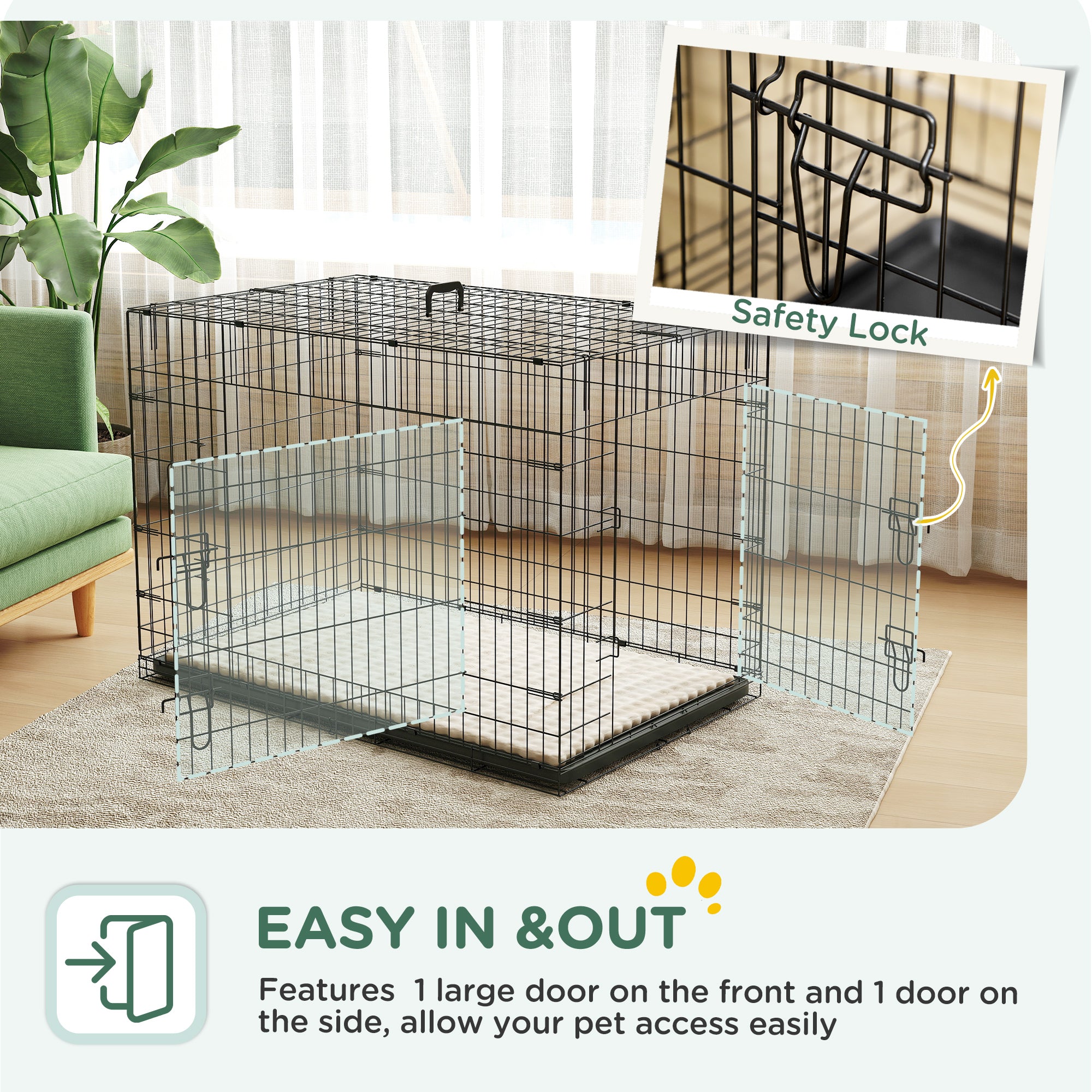Foldable Dog Crate with 2 Doors with Tray, Soft Cushion, for Extra and Large Dogs, 105 x 70 x 75, Black