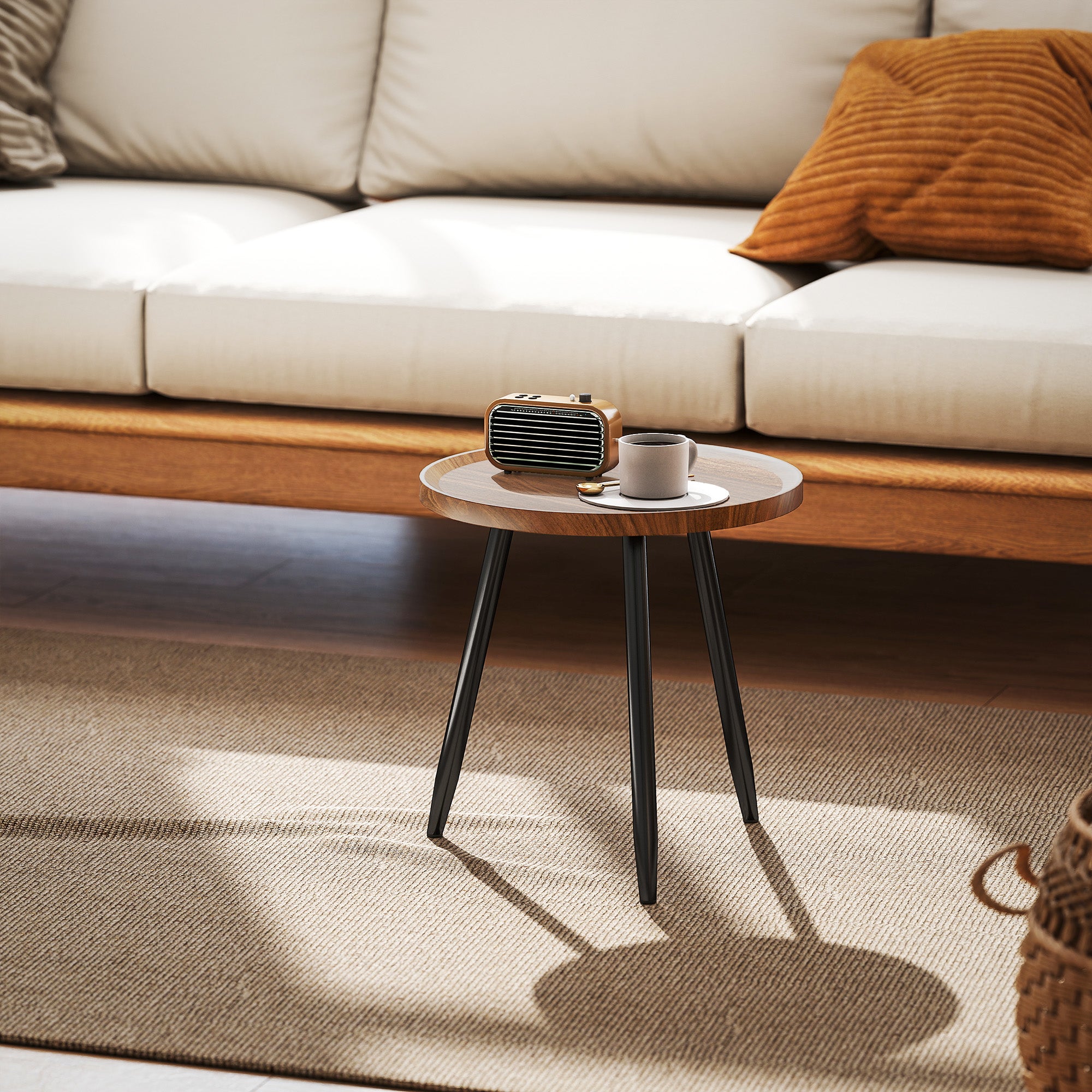 Modern Round Coffee Table with Steel Frame for Small Space, Sofa Beside, Living Room, Chestnut Wood Effect