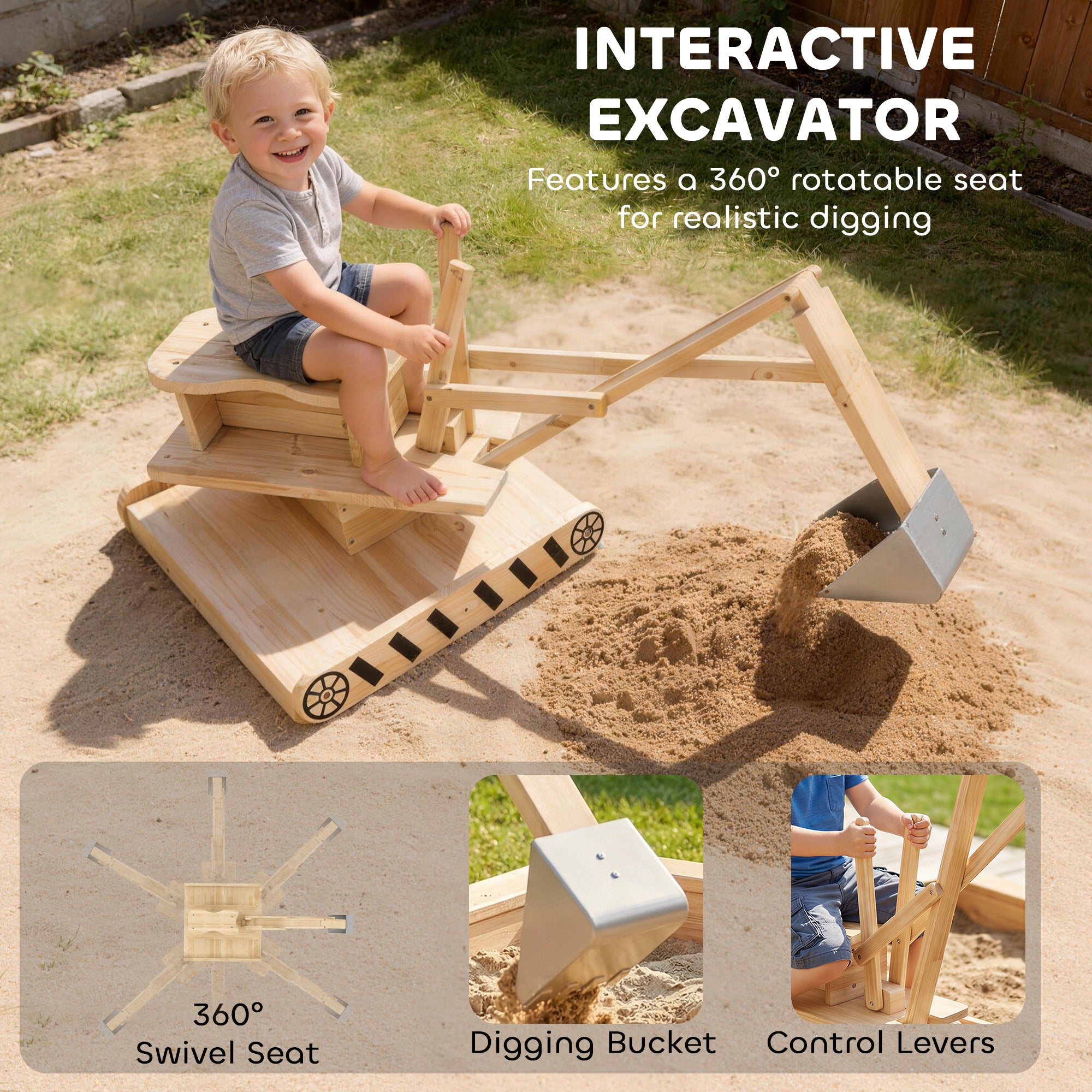 Wooden Sand Pit with Digger, Kids Sandbox Outdoor, SandPit with 360 Swivel Seat and Bottom Liner