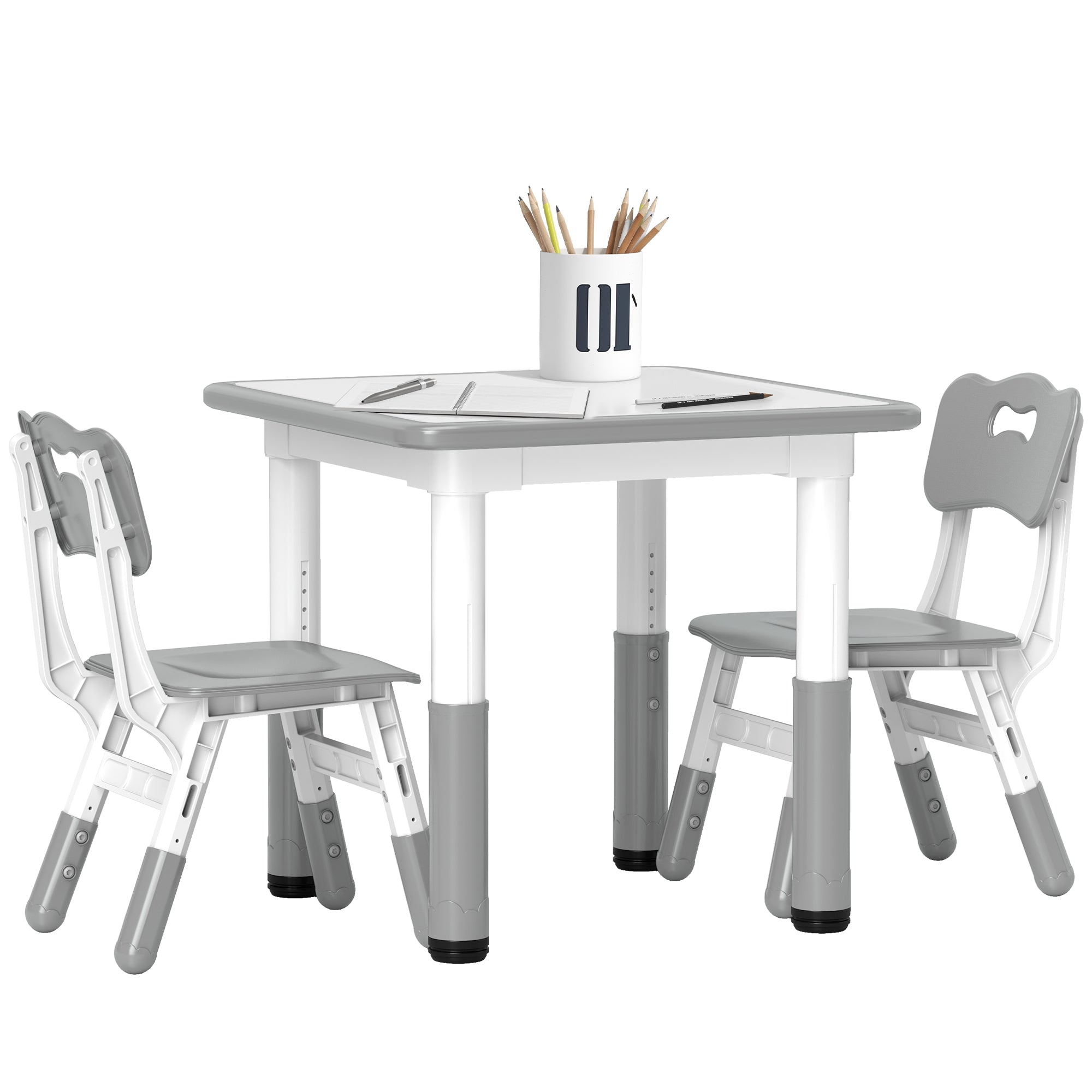 Height Adjustable Toddler Table and Chair Set, 3 Pcs Children Activity Table w/ 2 Chairs, for Playroom, Bedroom - Grey