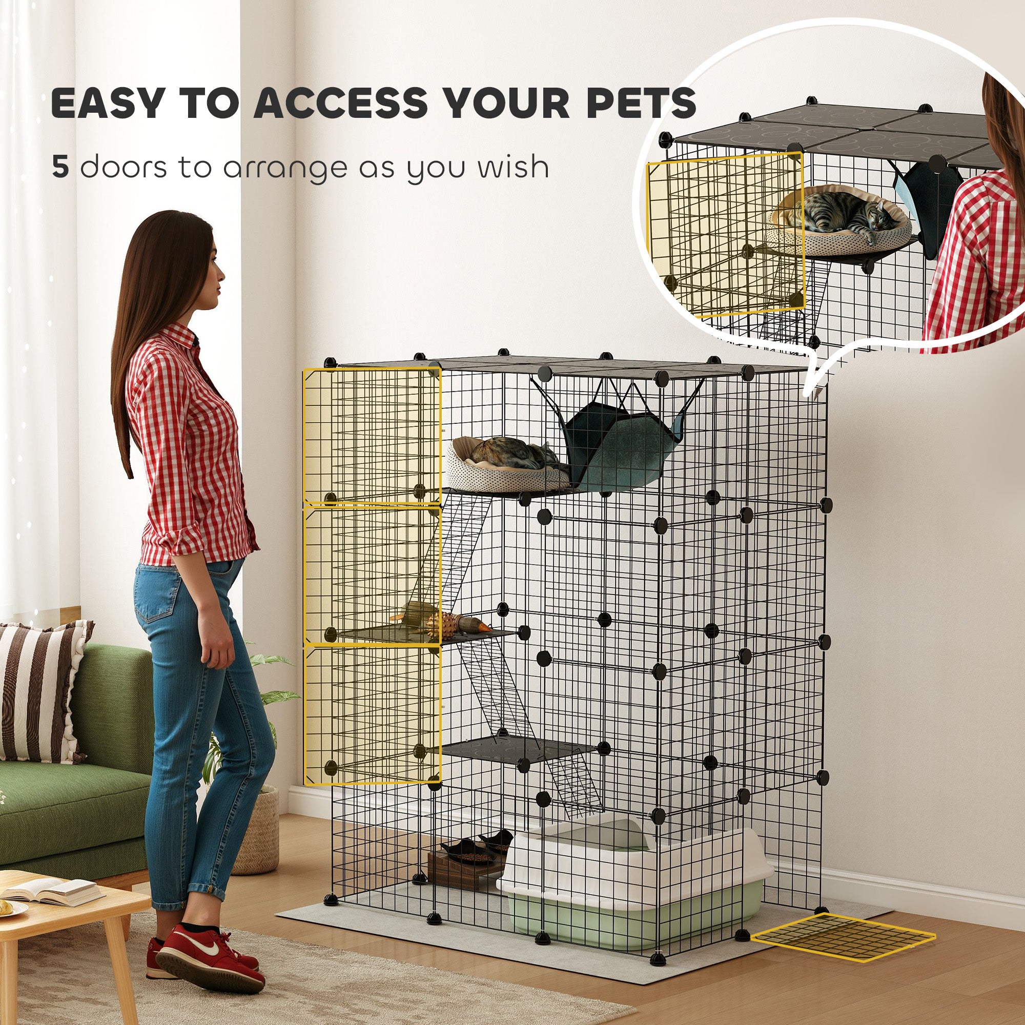 4-Tier Large DIY Indoor Cat Cage with Hammock, Ramps & 5 Doors for 1-3 Cats - Black