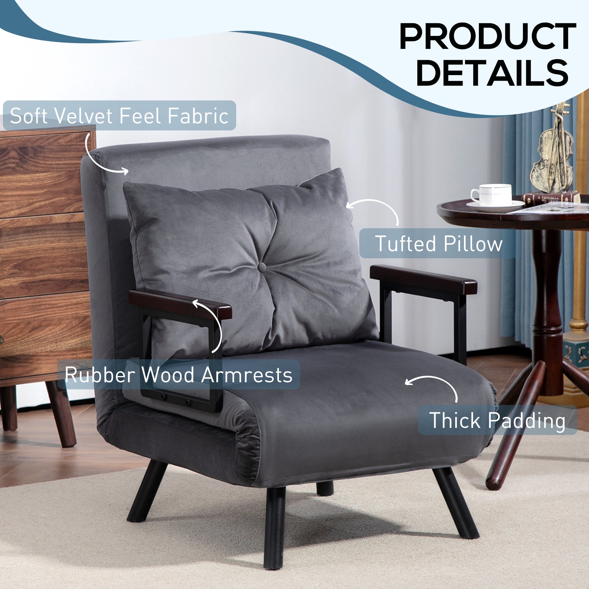 4-in-1 Velvet-Feel Single Chair Bed, with Pillow - Charcoal Grey