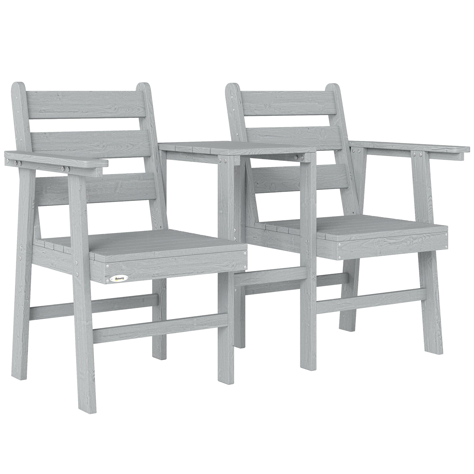 Outdoor Garden Loveseat, Embossed Wooden Jack and Jill Garden Seat with Integrated Table, Grey