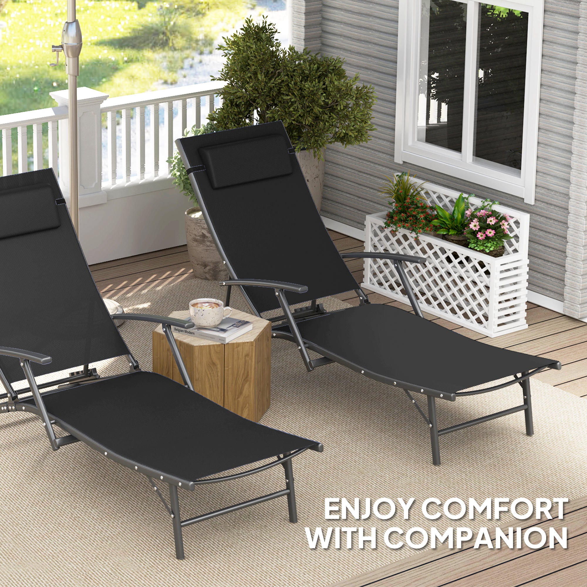 Set of 2 Adjustable Back Sun Loungers with Quick-Dry Mesh - Black