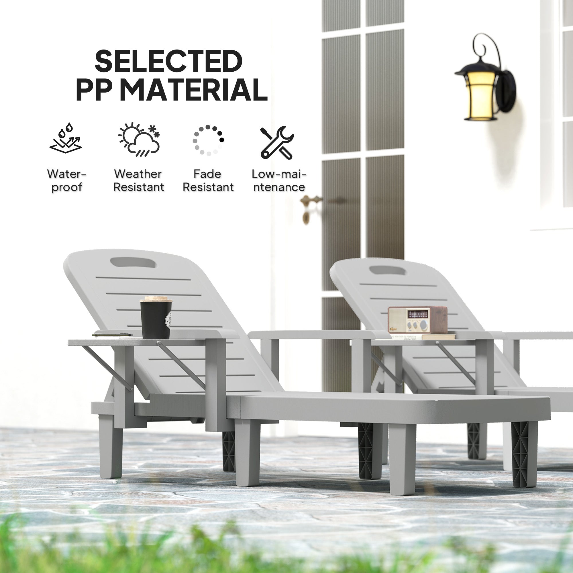 Set of 2 Resin Reclining Sun Loungers for Garden, 5 Positions Adjustable Outdoor Chaise Lounge Chairs with Wood Texture Surface, Armrests, Foldable Side Table for Garden, Beach, Light Grey