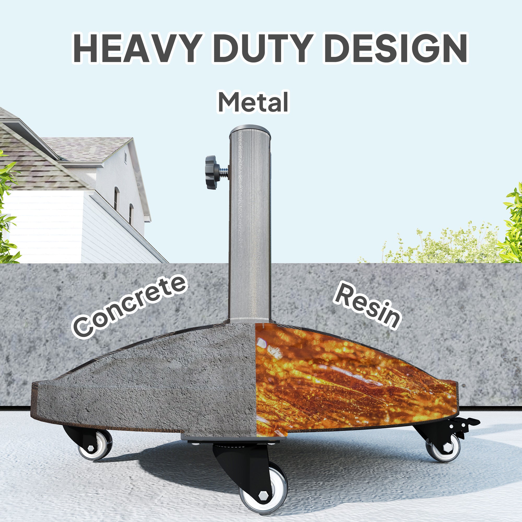 21kg Resin Garden Parasol Base with Wheels, Round Umbrella Stand, Heavy Duty Sun Umbrella Base for 34, 38, 48 mm Umbrella Poles for Deck Poolside, Bronze Tone