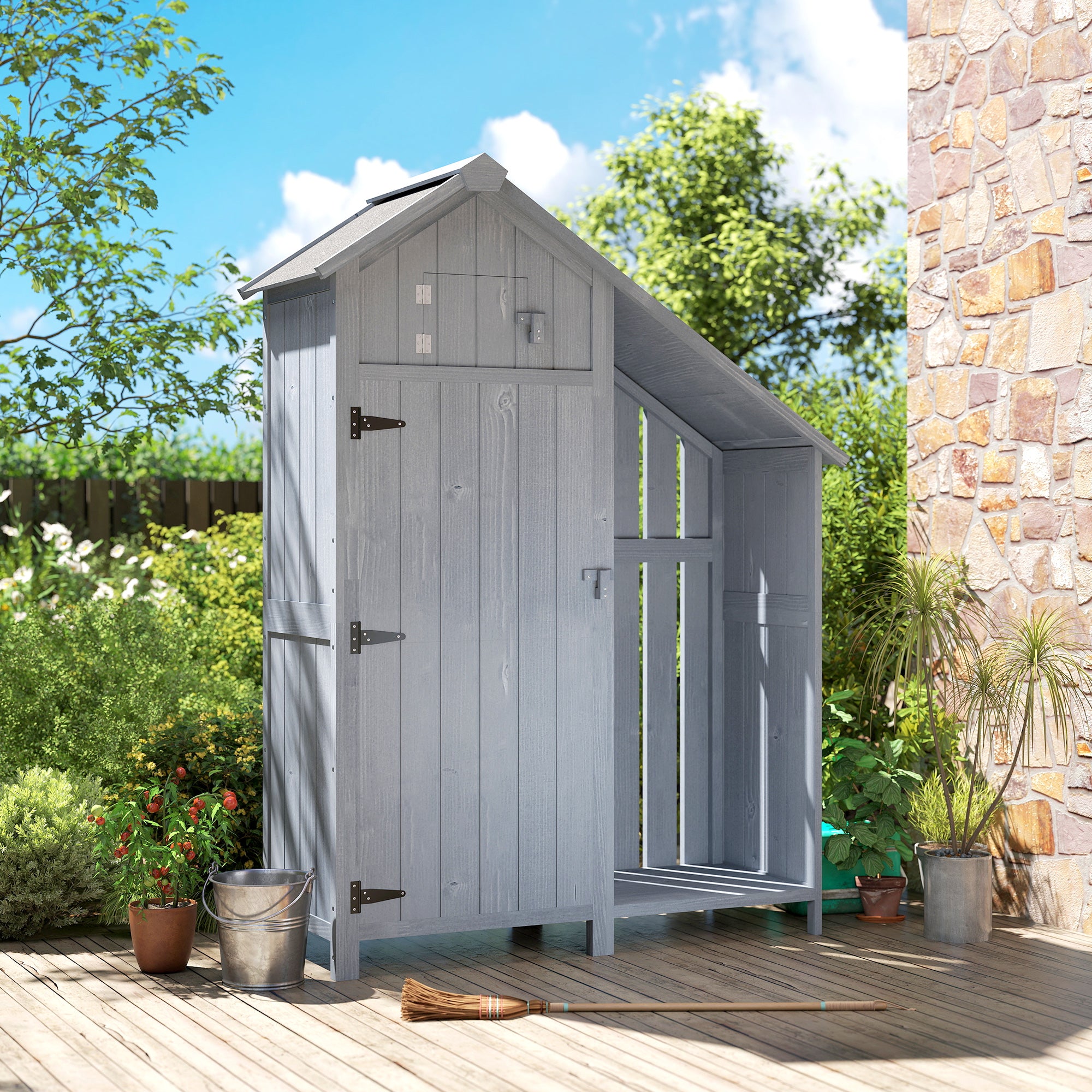 Garden Outdoor Storage Shed 3 Shelves Tilt Roof w/ Firewood Rack Log Carrier, 129L x 51.5W x 180H cm