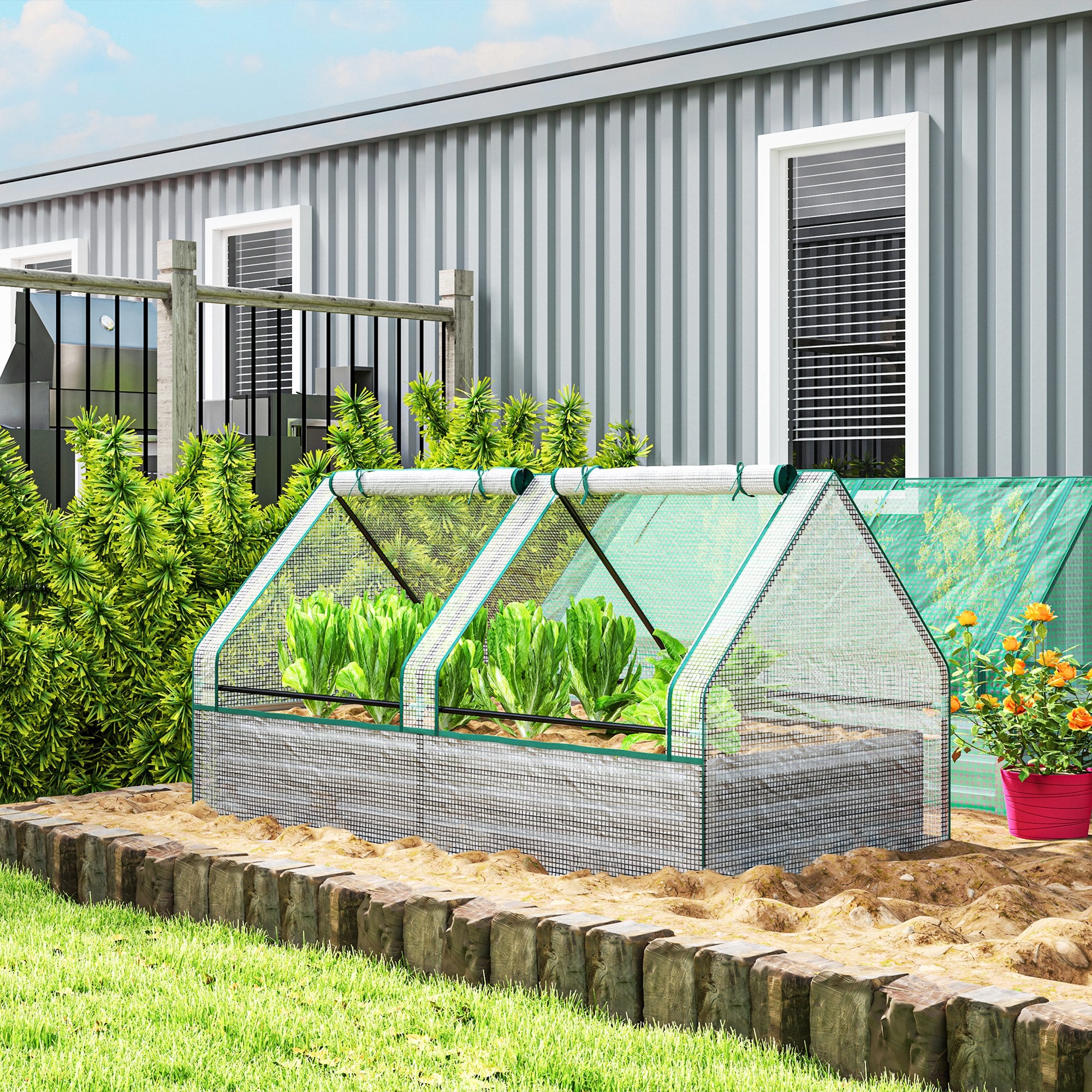 Metal Raised Garden Bed with Greenhouse Cover - White and Dark Grey