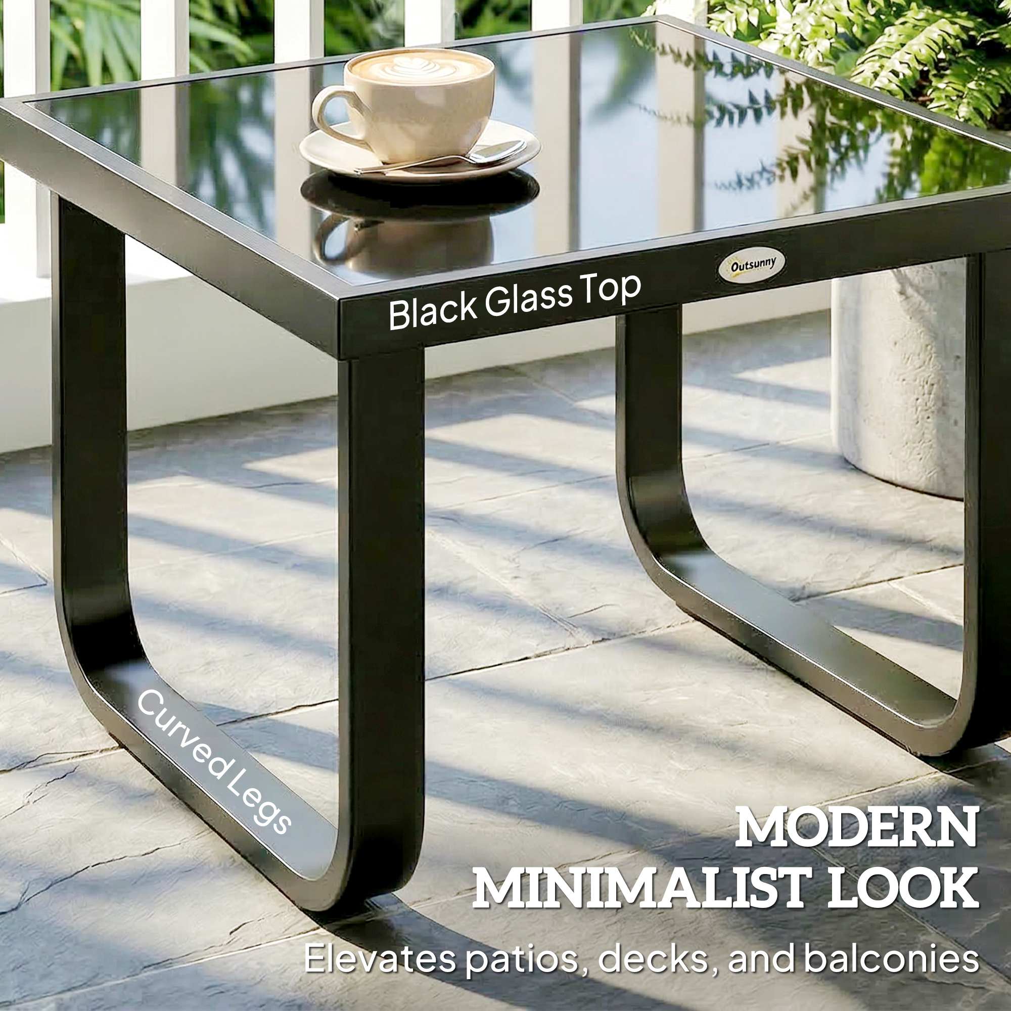 Outdoor Garden Coffee Table, Rectangle Metal Side Table with Tempered Glass Tabletop, Adjustable Foot Pads