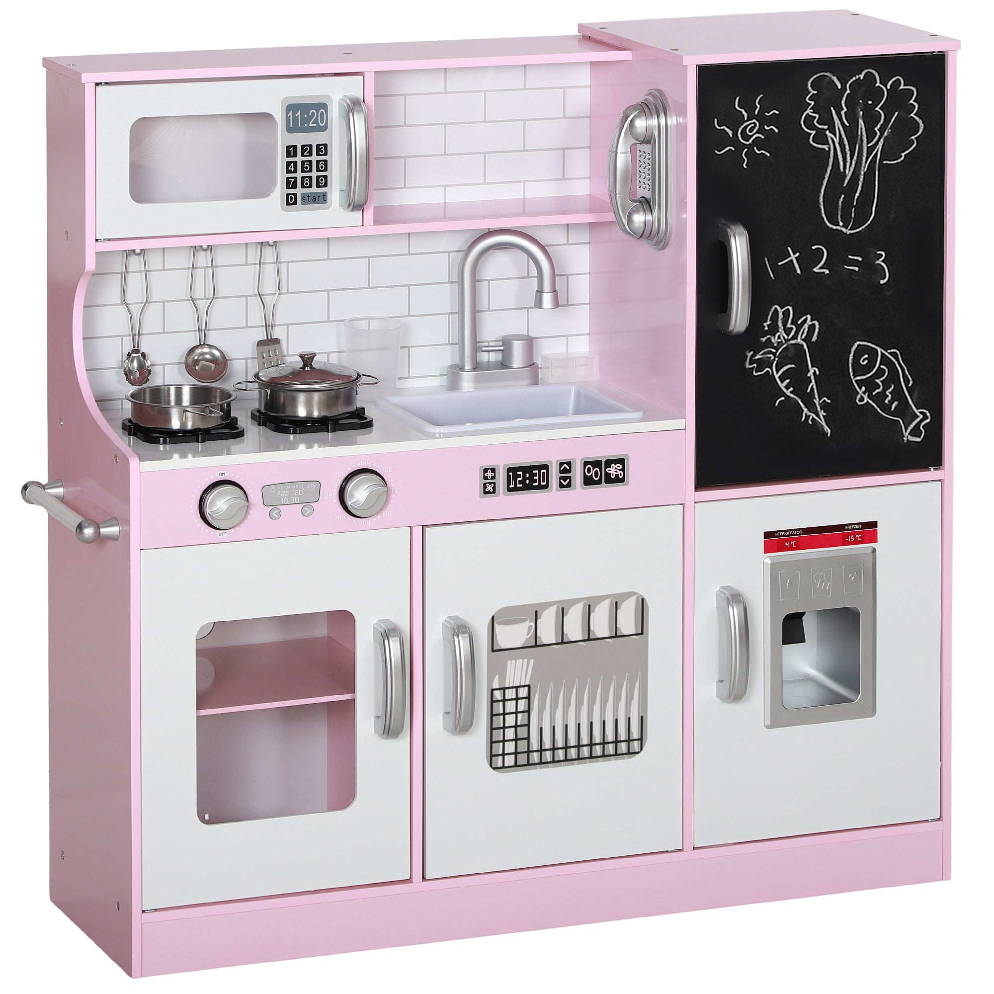 Pretend Play Kitchen Kids Kitchen Playset w/ Toy Phone, Chalkboard, Microwave, Cooking Stove, Sink