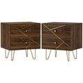 Modern Bedside Tables Set of 2 with 2 Drawers and Steel Hairpin Legs - Brown Wood Grain