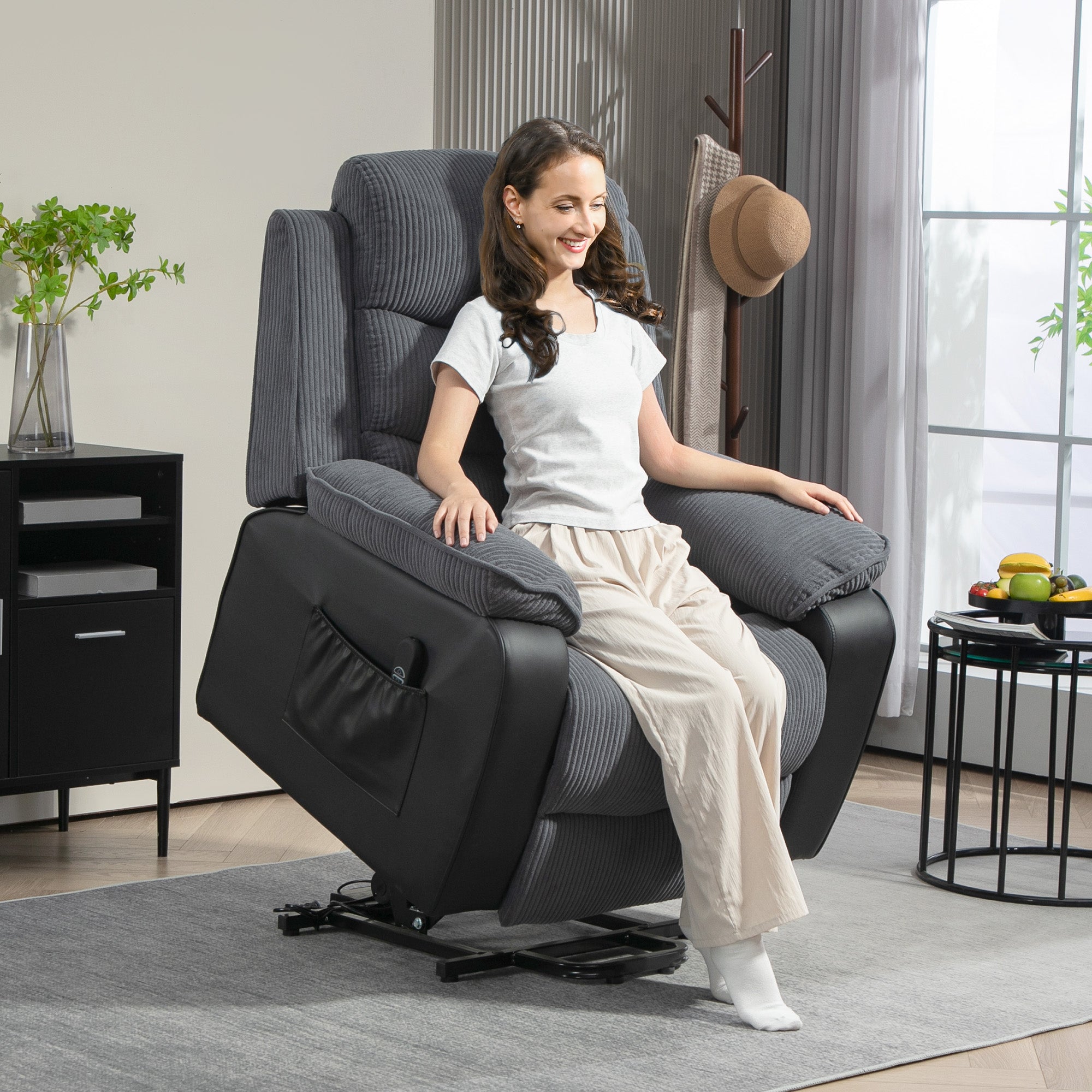 Overstuffed Corduroy Electric Lift Chair - Dark Grey