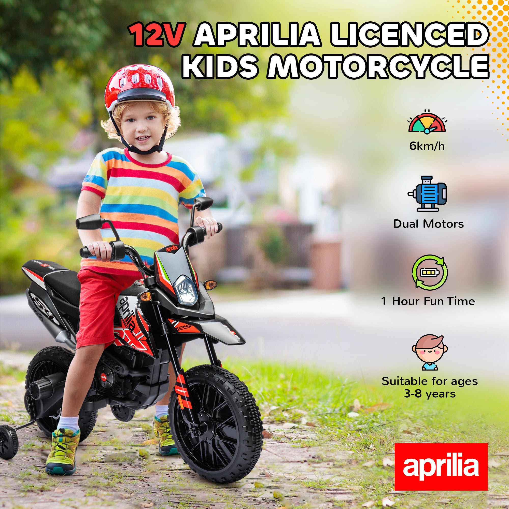 12V Aprilia Licenced Kids Motorbike with Training Wheels, Spring Suspension, LED Light, USB, Music, Red