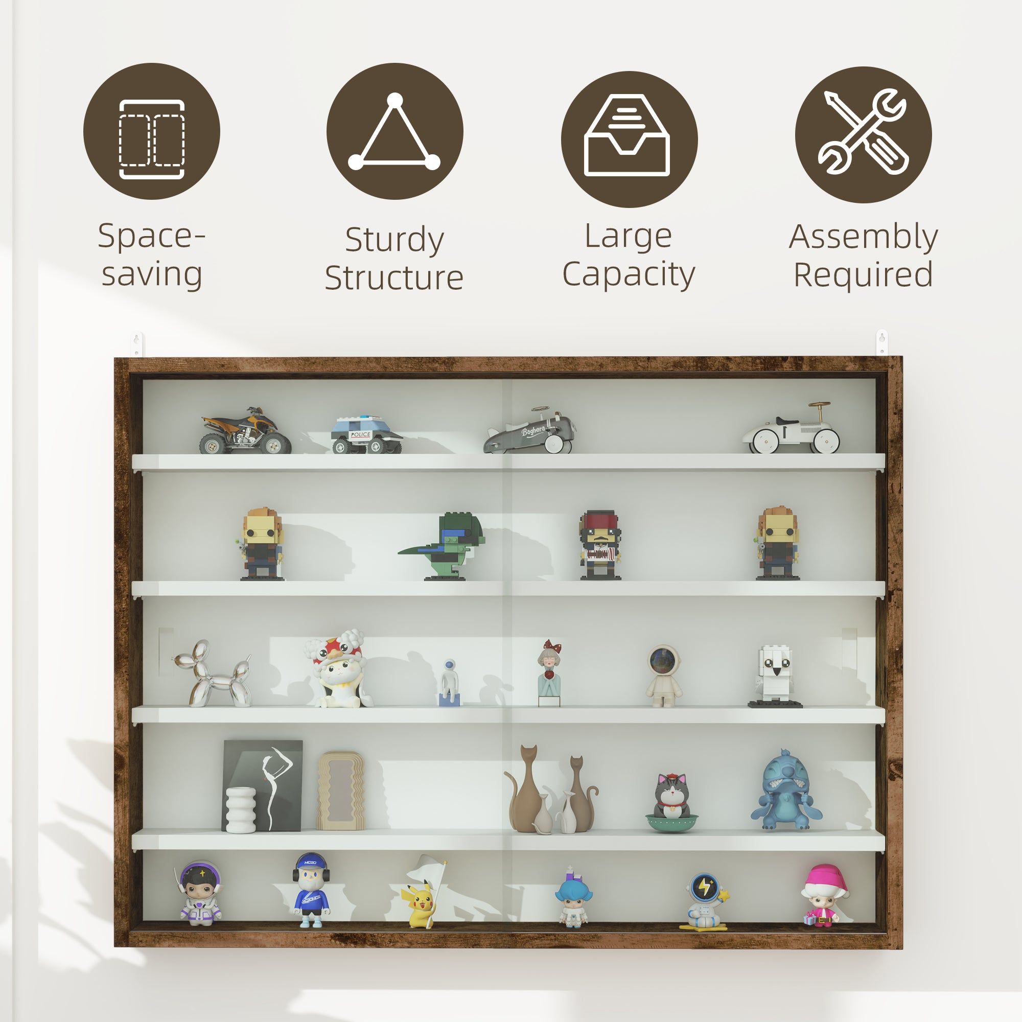 5-Tier Wall Display Shelf Cabinet with 4 Adjustable Shelves and Glass Doors 60x80cm - Rustic Brown