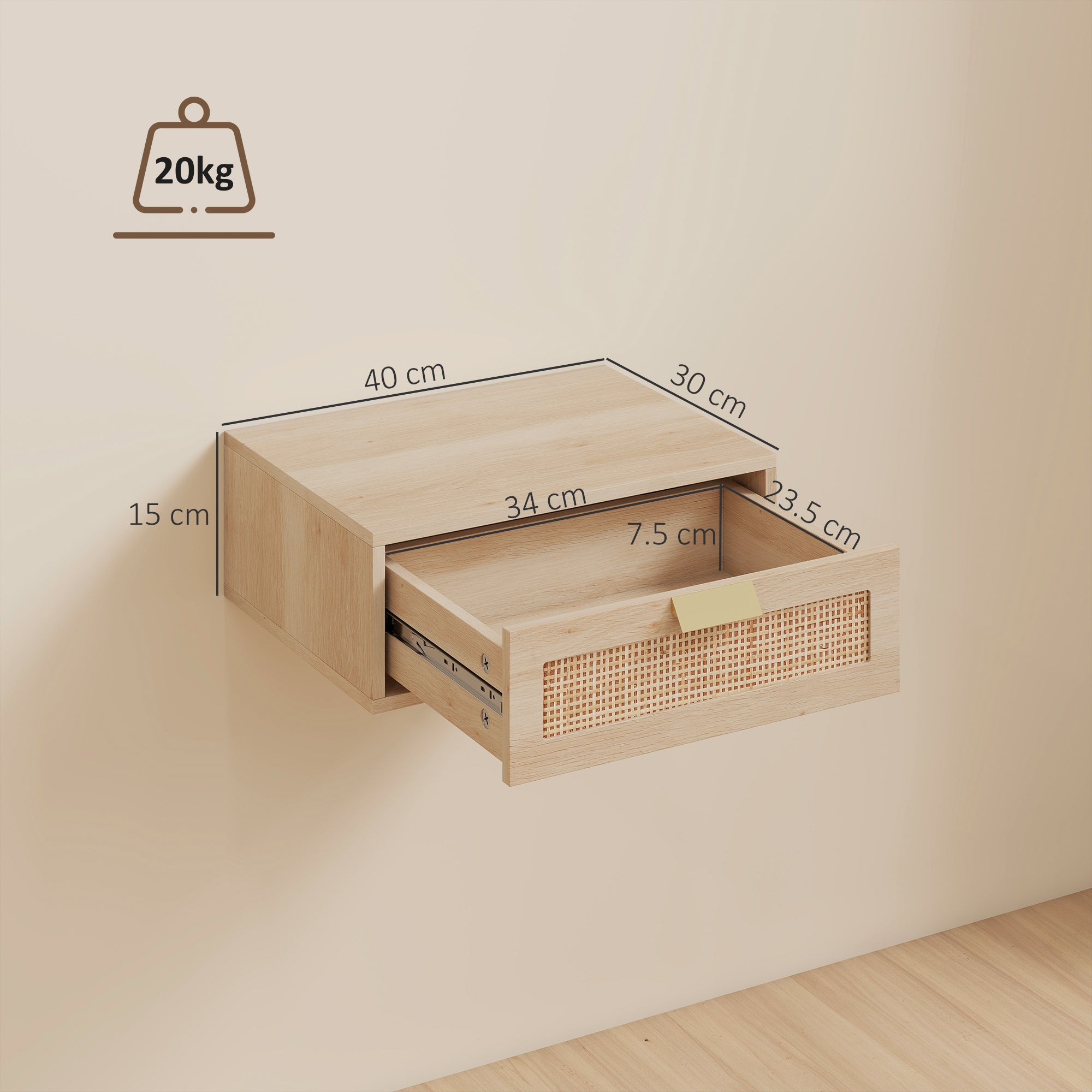 Floating Bedside Tables Set of 2, Wall Mounted Bedside Cabinets with Rattan Drawer and Wood Effect, Oak