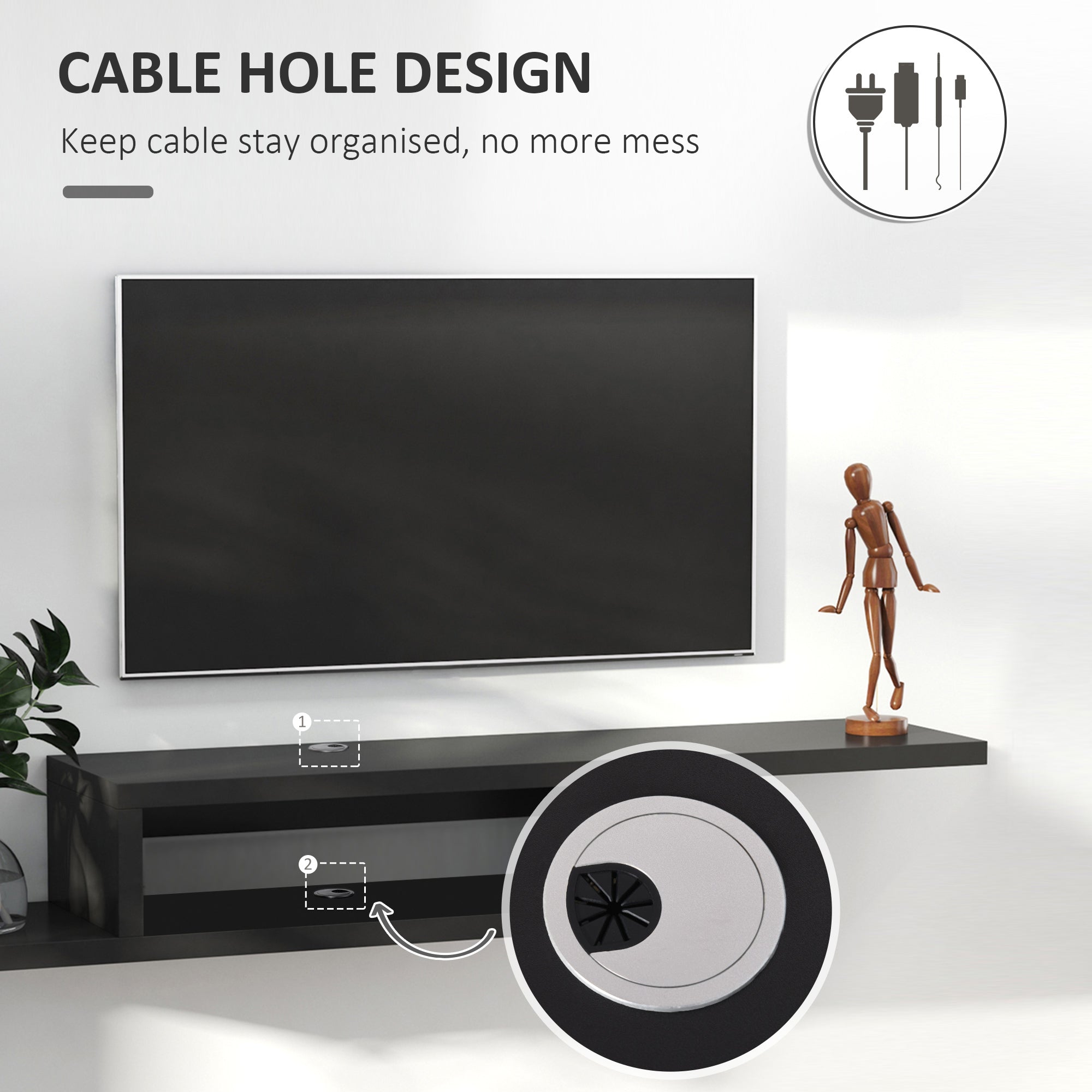 Floating Wall Mounted TV Unit with Open Shelf & Cable Holes - Black