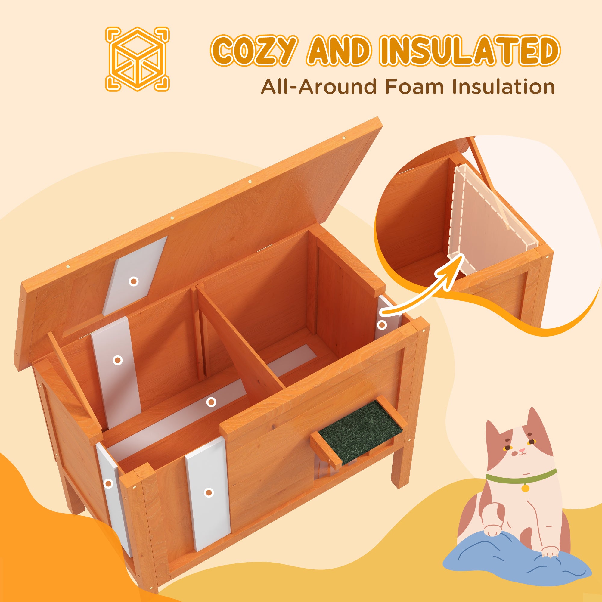 Feral Cat House, Wooden Insulated with Removable Floor, Water-Resistant Openable Roof - Orange