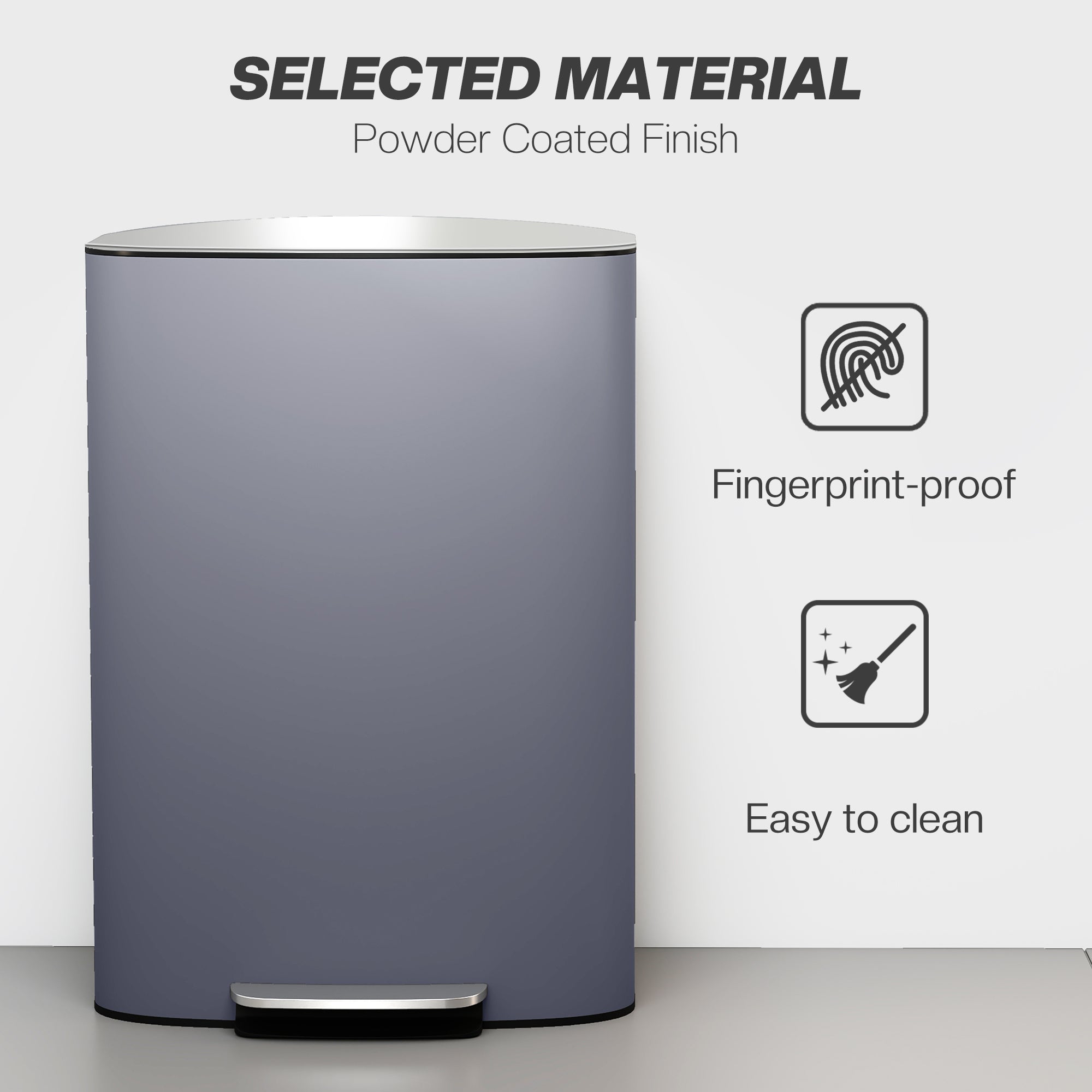 50L Kitchen Bin with Soft-Close Lid and Stay-Open Function, Stainless Steel Pedal Bin with Removable Inner Bucket, Carry Handle for Kitchen, Office, Home, Grey