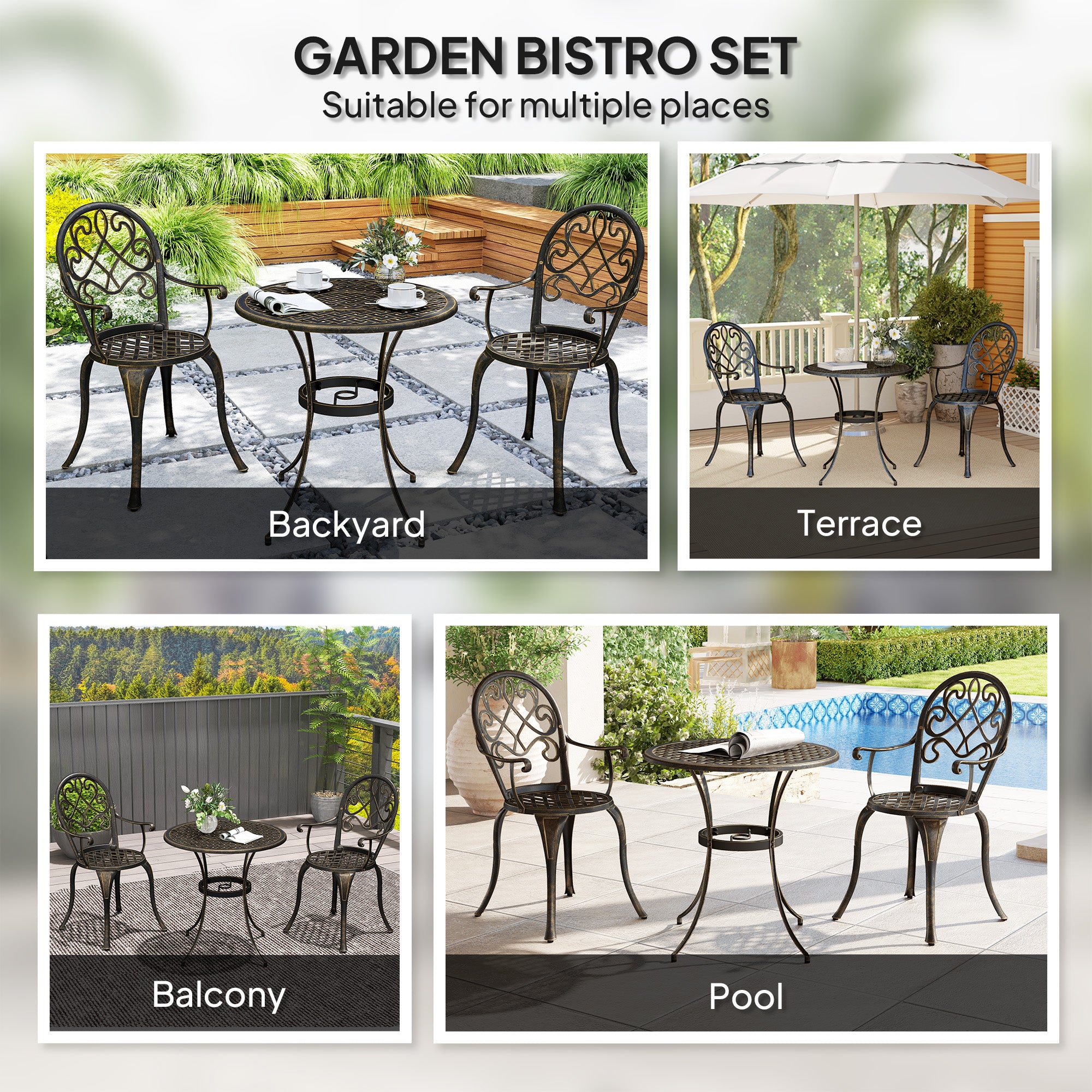 3 Piece Aluminium Garden Bistro Set with Adjustable Feet - Bronze Tone