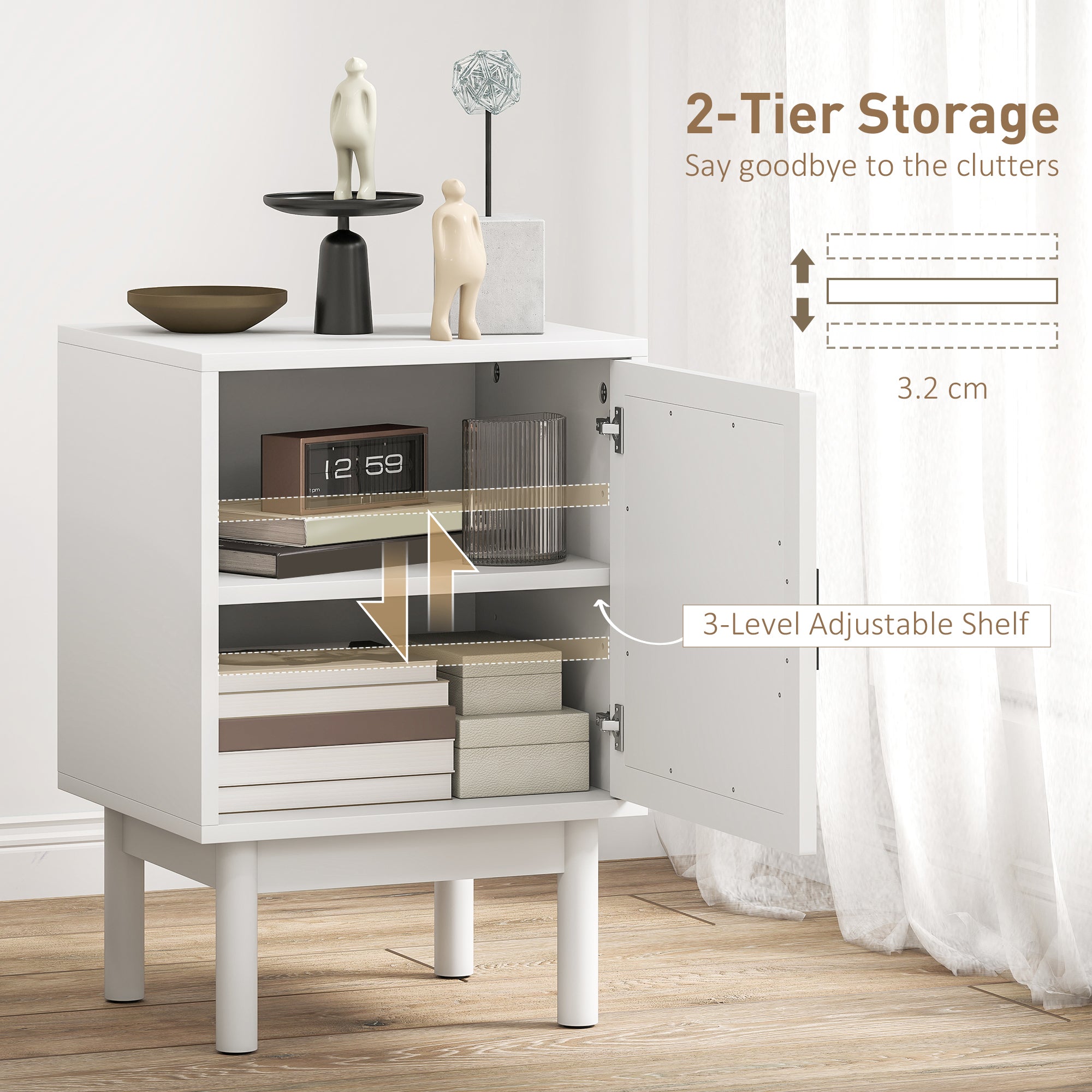 Rattan Bedside Table for Bedroom - White
