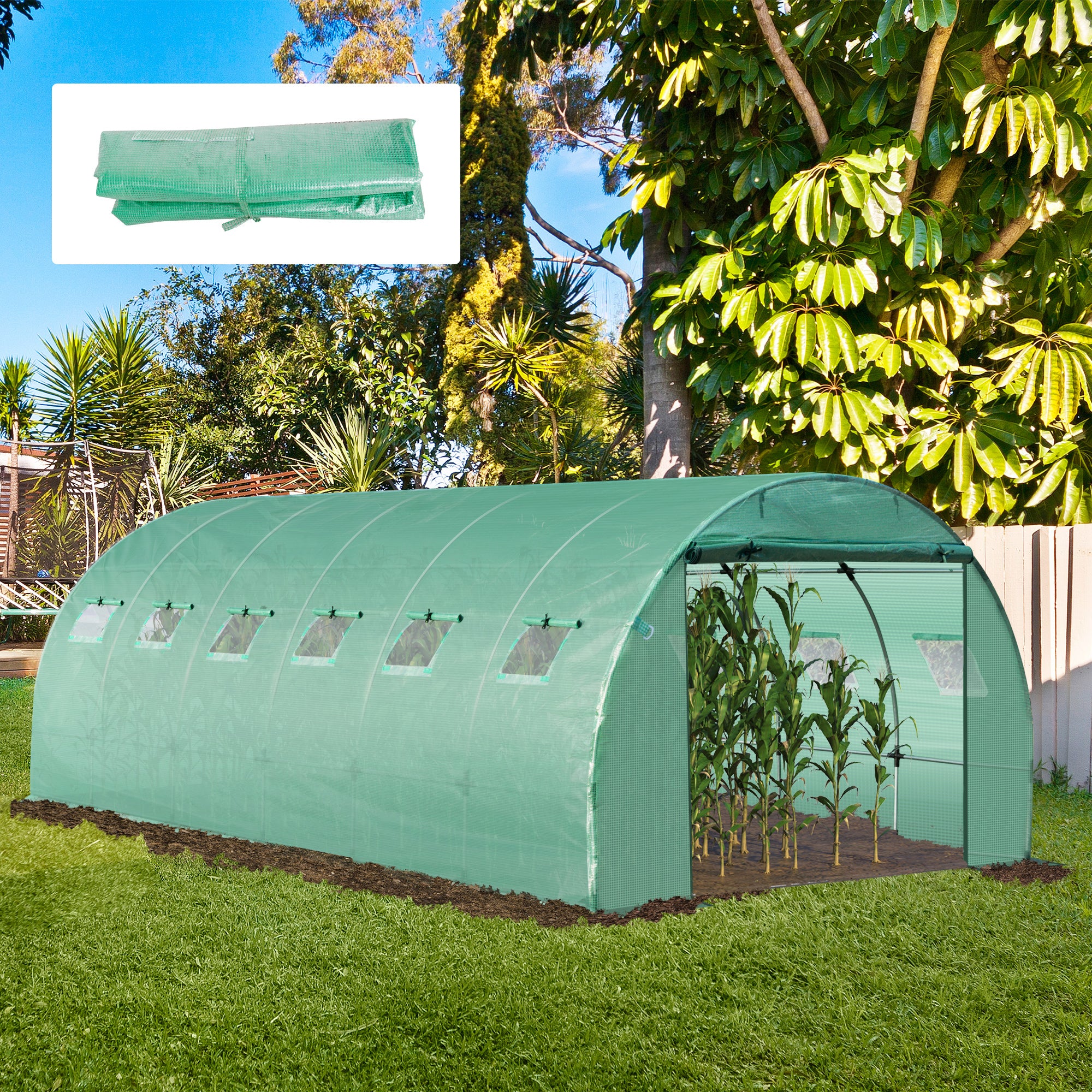 6 x 3 x 2m Greenhouse Replacement Cover ONLY Winter Garden Plant PE Cover for Tunnel Walk-in Greenhouse with Roll-up Windows Door Outdoor, Green