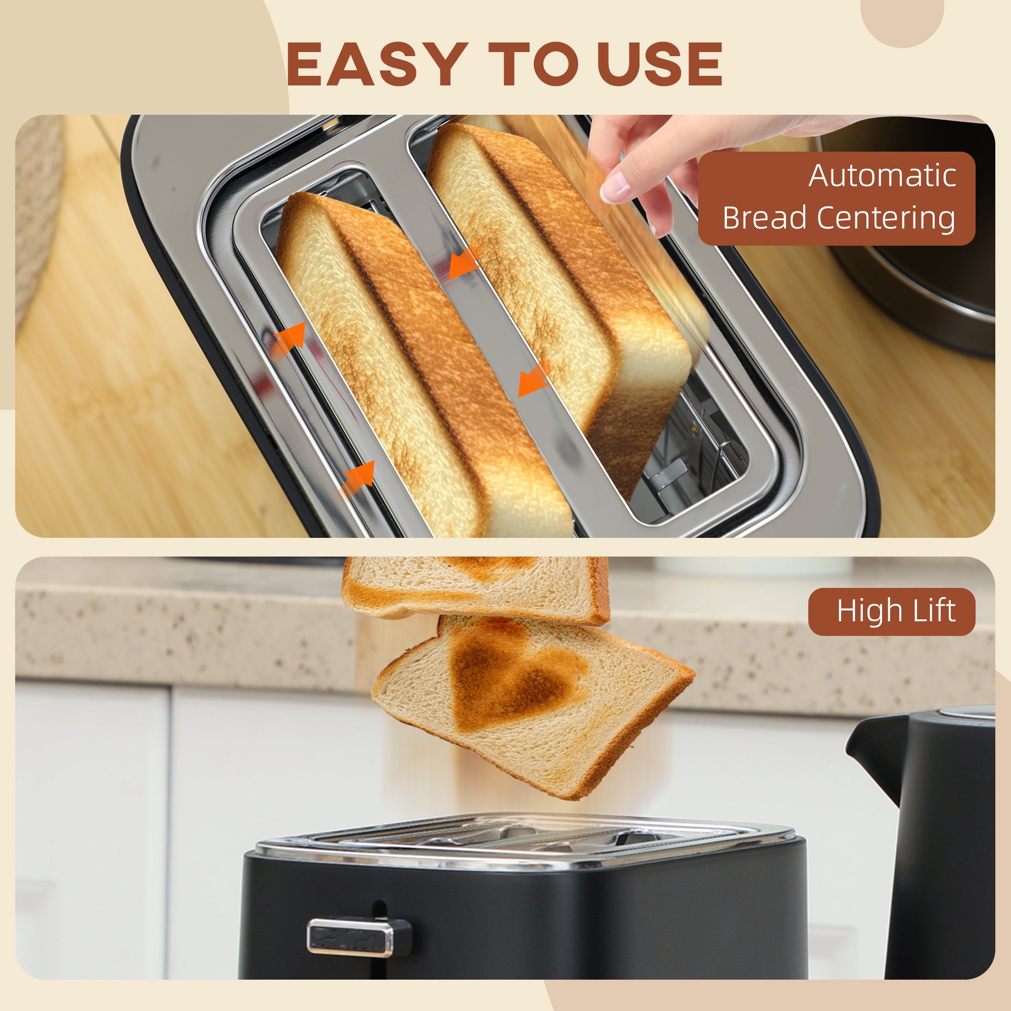 1.7L 3000W Fast Boil Kettle & 2-Slice Toaster Set with 6 Browning Levels, Defrost & Reheat - Black