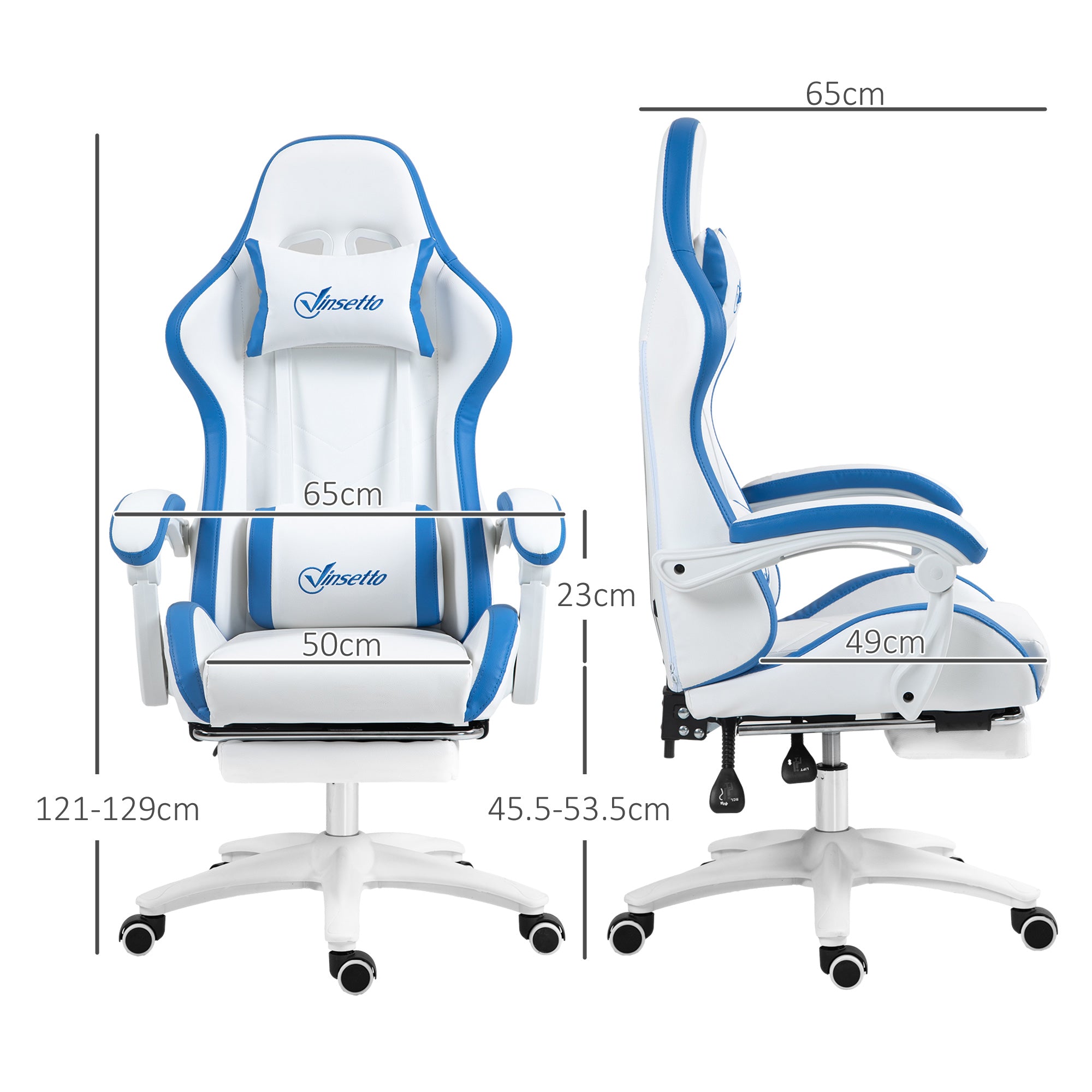 Computer Gaming Chair, PU Leather Desk Chair with Footrest, Swivel Task Chair with 135° Reclining Back and Lumbar Support, PC Chair for Adults, White and Blue