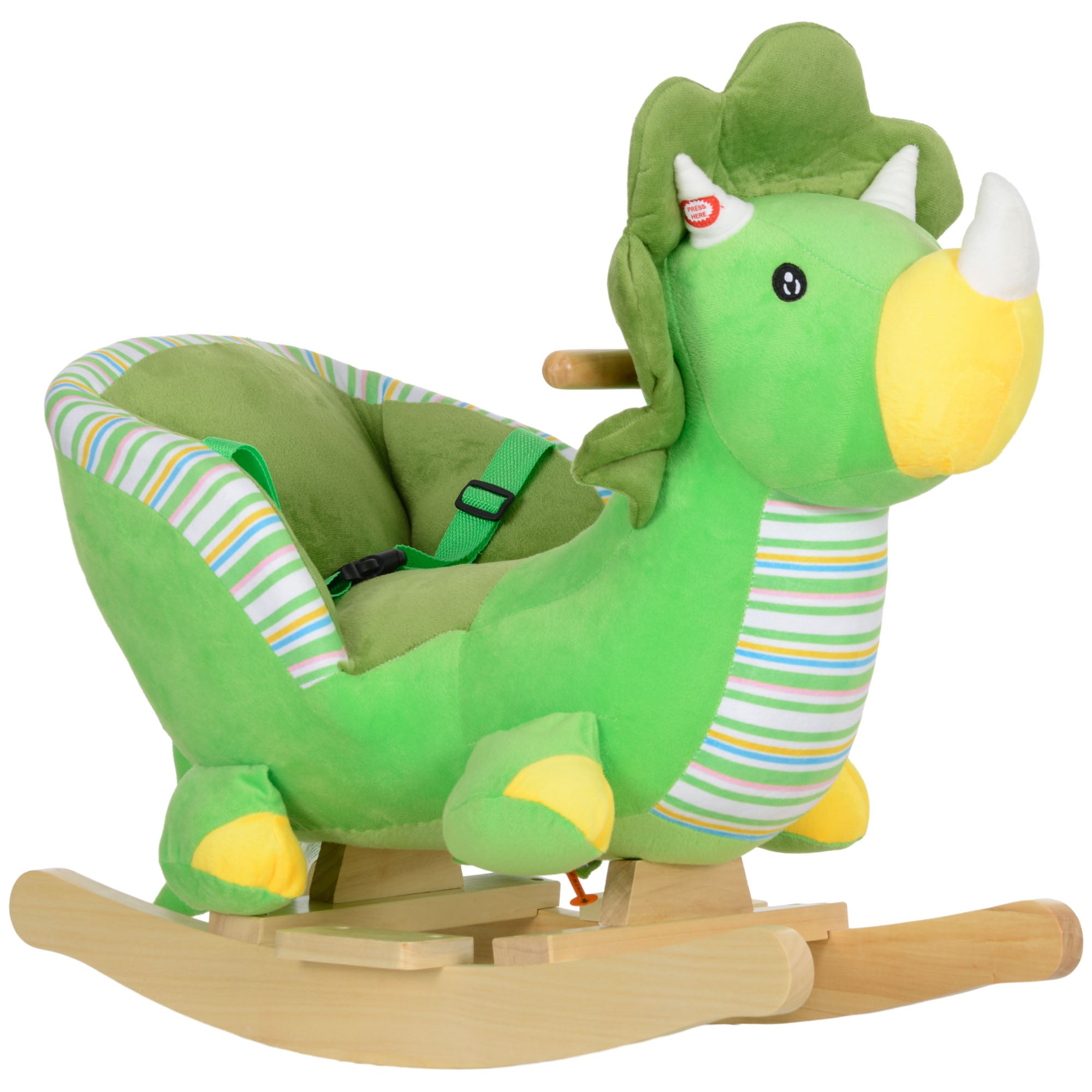 Baby Rocking Dinosaur with Animal Sounds, Safety Belt, Wooden Base, for Toddlers 18-36 Months, Green