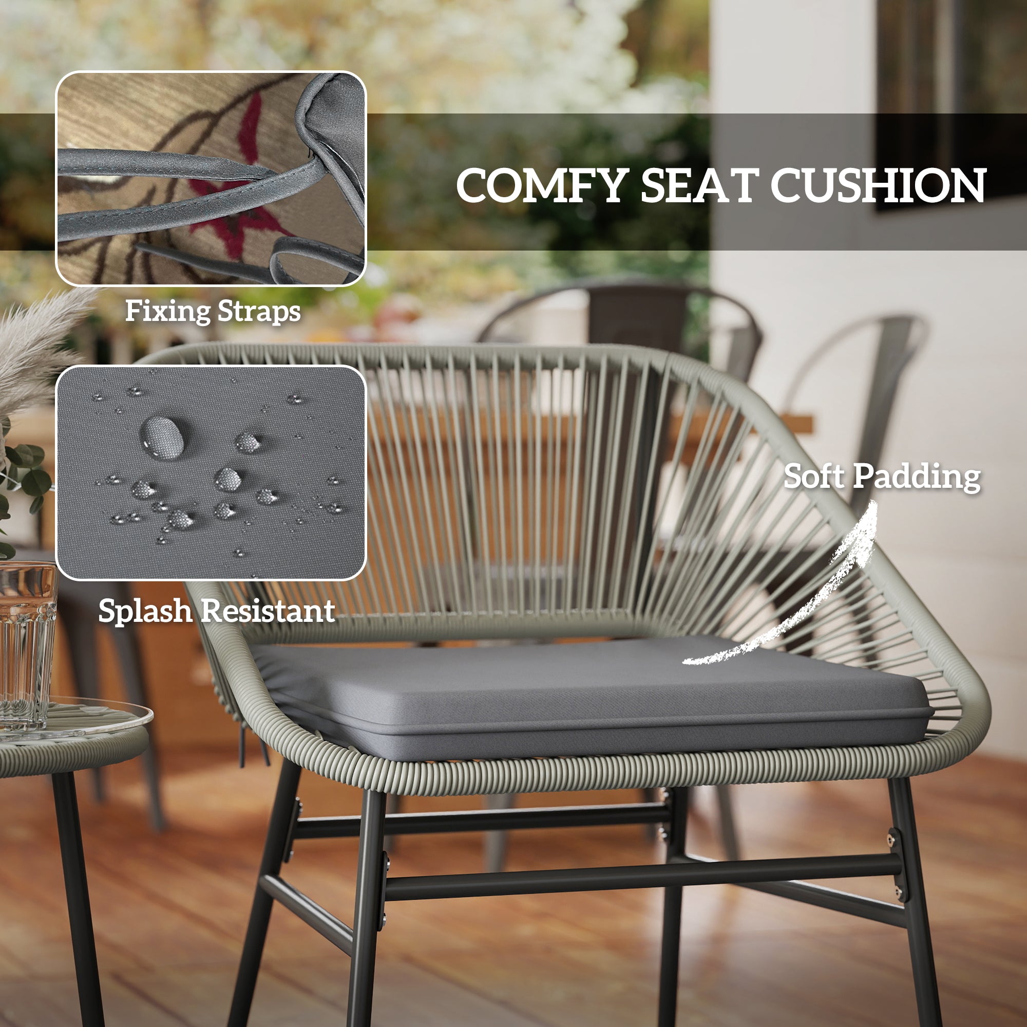 3 Piece Light Grey Rattan Bistro Set with Cushions and Glass Table