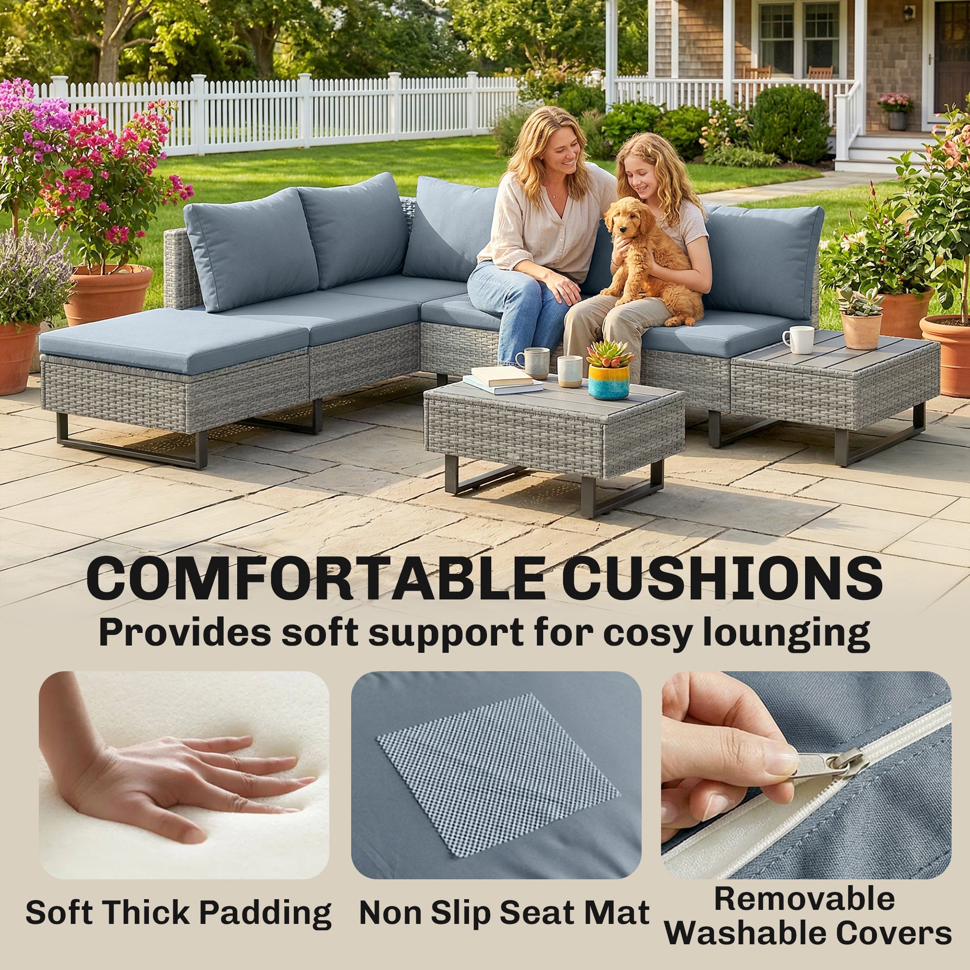 5 Seater Rattan Garden Furniture Set, L Shaped Garden Corner Sofa, Adjustable Back, Faux Wood Tables, Grey