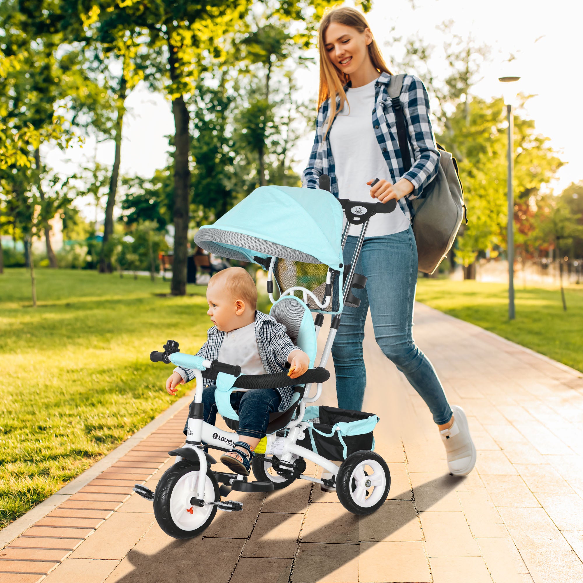 6 in 1 Kids Trike Push Bike w/ Push Handle, Canopy, 5-point Safety Belt, Storage, Footrest, Brake, for 1-5 Years, Green